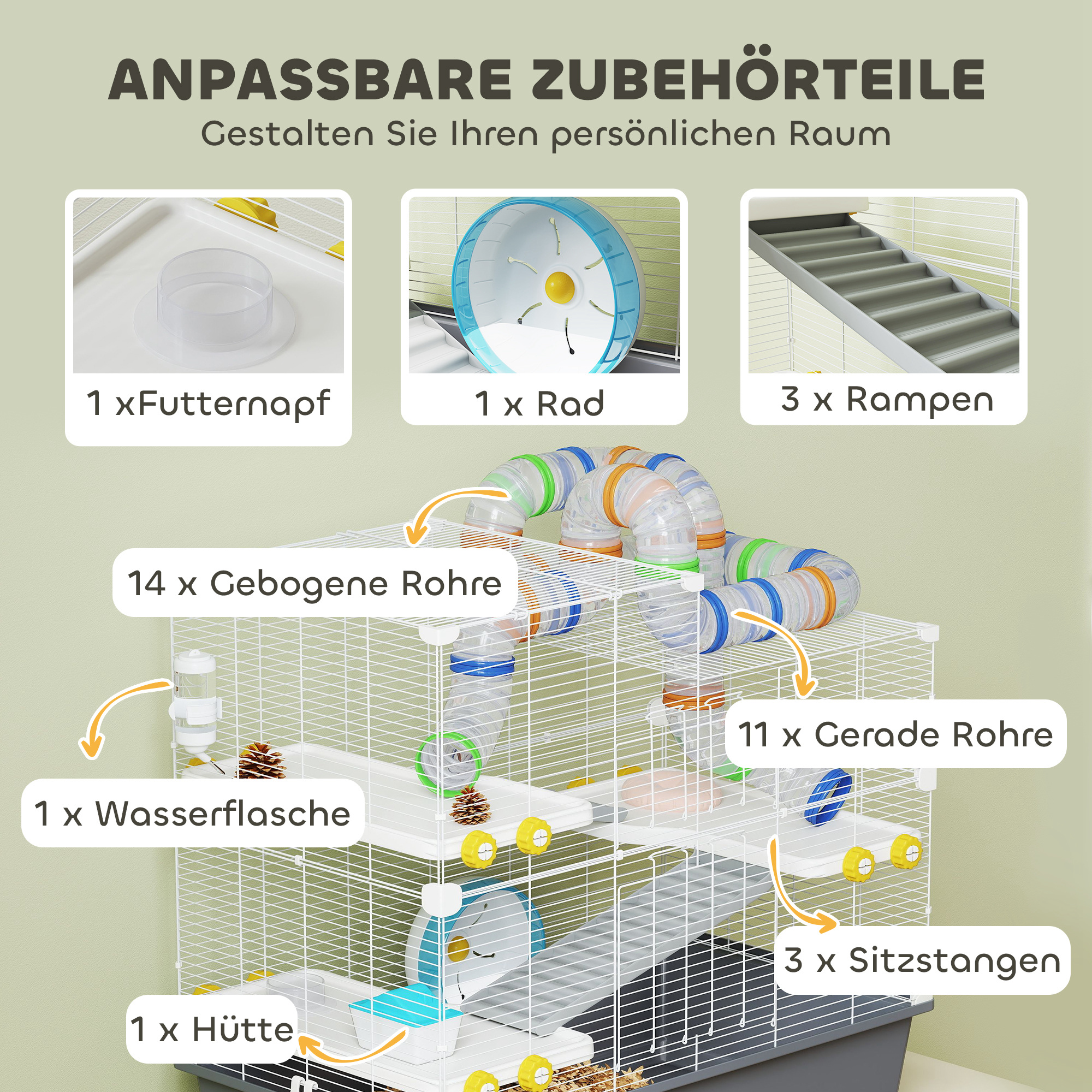 Zwerghamsterkäfig, 4 Ebenen, Tunnelsystem, Hütte, Zubehör, obere Öffnung, 78 x 45 x 73 cm, Grau