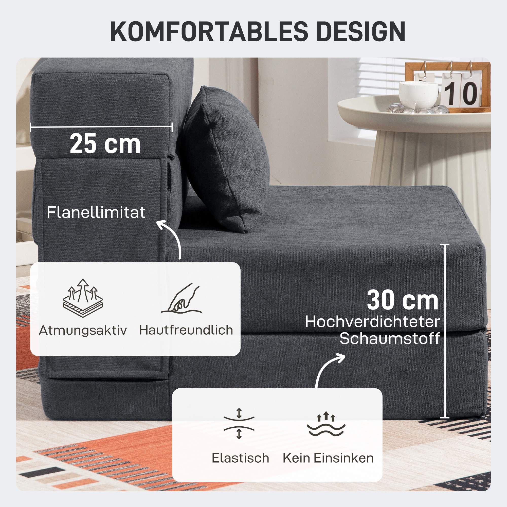 Bodensofa, Polstercouch, in Matratze umwandelbar, Schaumstoff, Kissen, Dunkelgrau