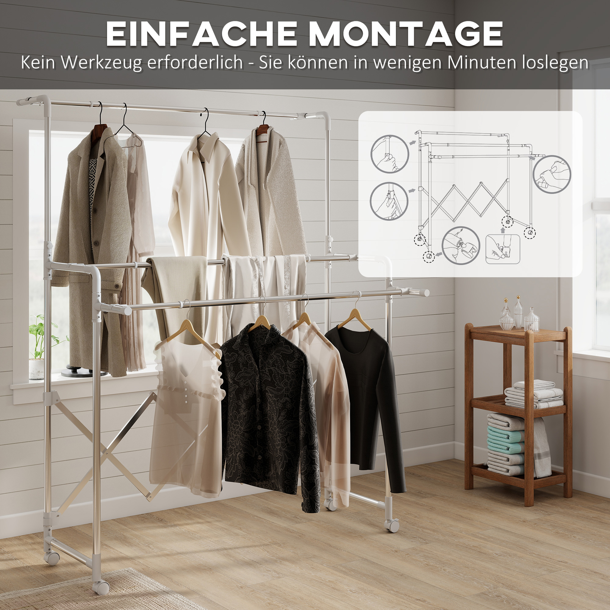 Wäscheständer, Faltbarer Standtrockner mit 3 verstellbaren Stangen, Edelstahl Turmwäscheständer auf Rollen, Wäscheturm Wäschetrockner für Innen und Außen