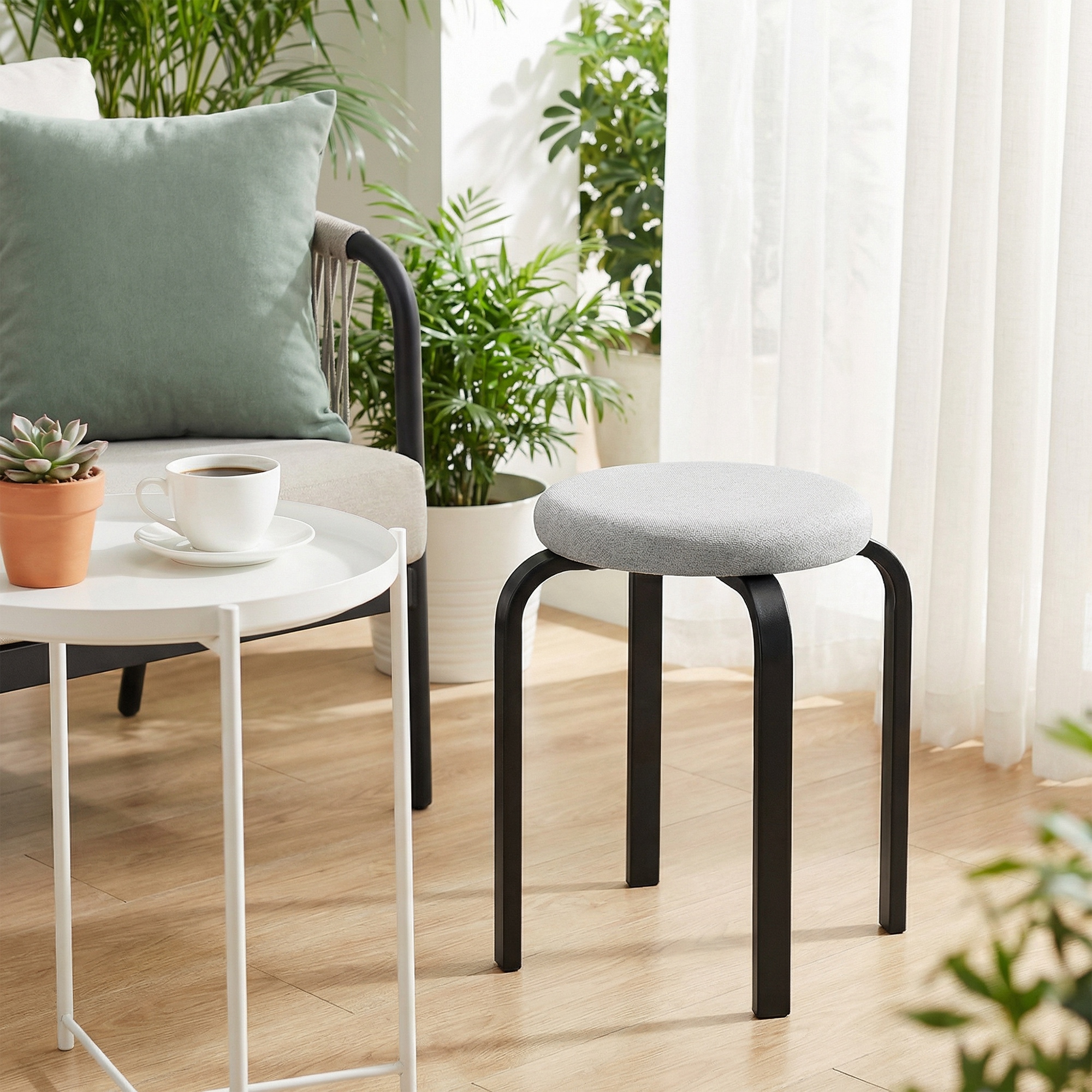 Stapelhocker Set mit 4 Stück, Moderne Gepolsterte Runde Hocker ohne Rückenlehne für Küche, Esszimmer, Grau