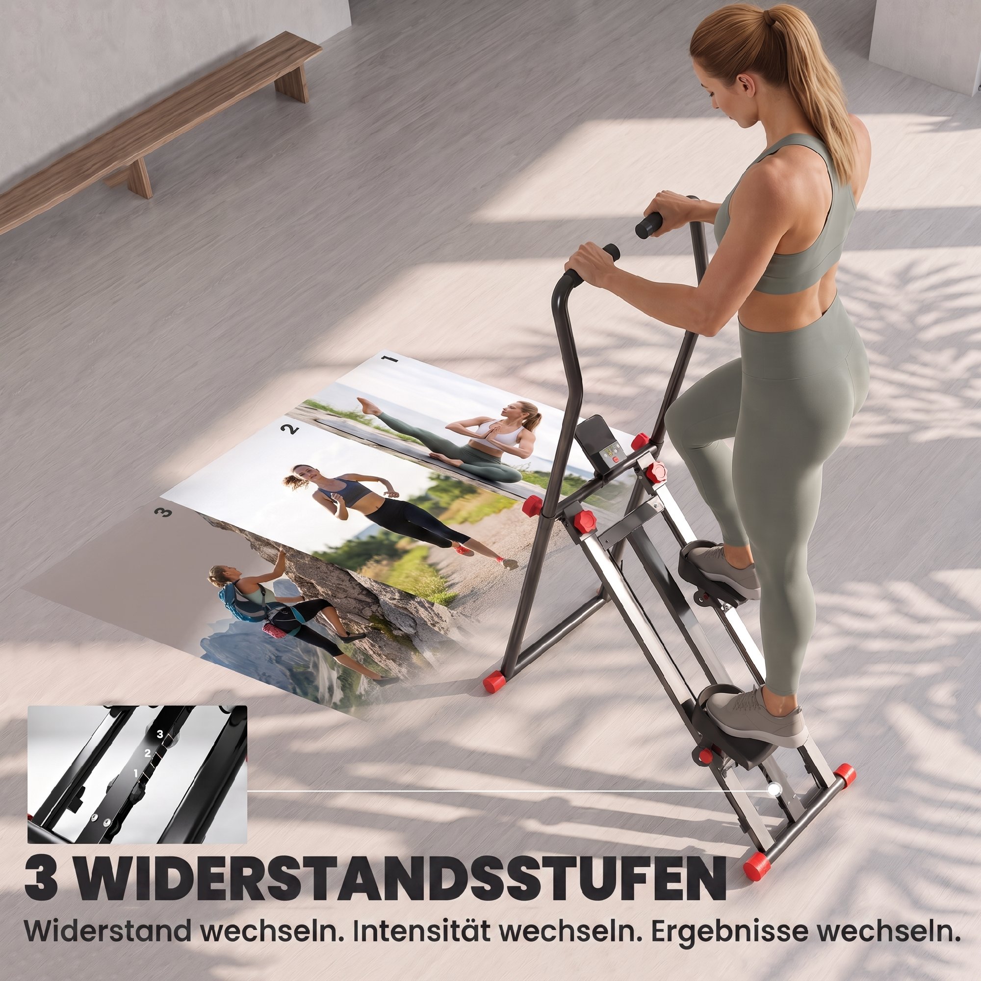 Treppenstepper für Zuhause, klappbarer Vertical Climber mit 3 Widerstandsstufen, verstellbarem Lenker und LCD-Monitor