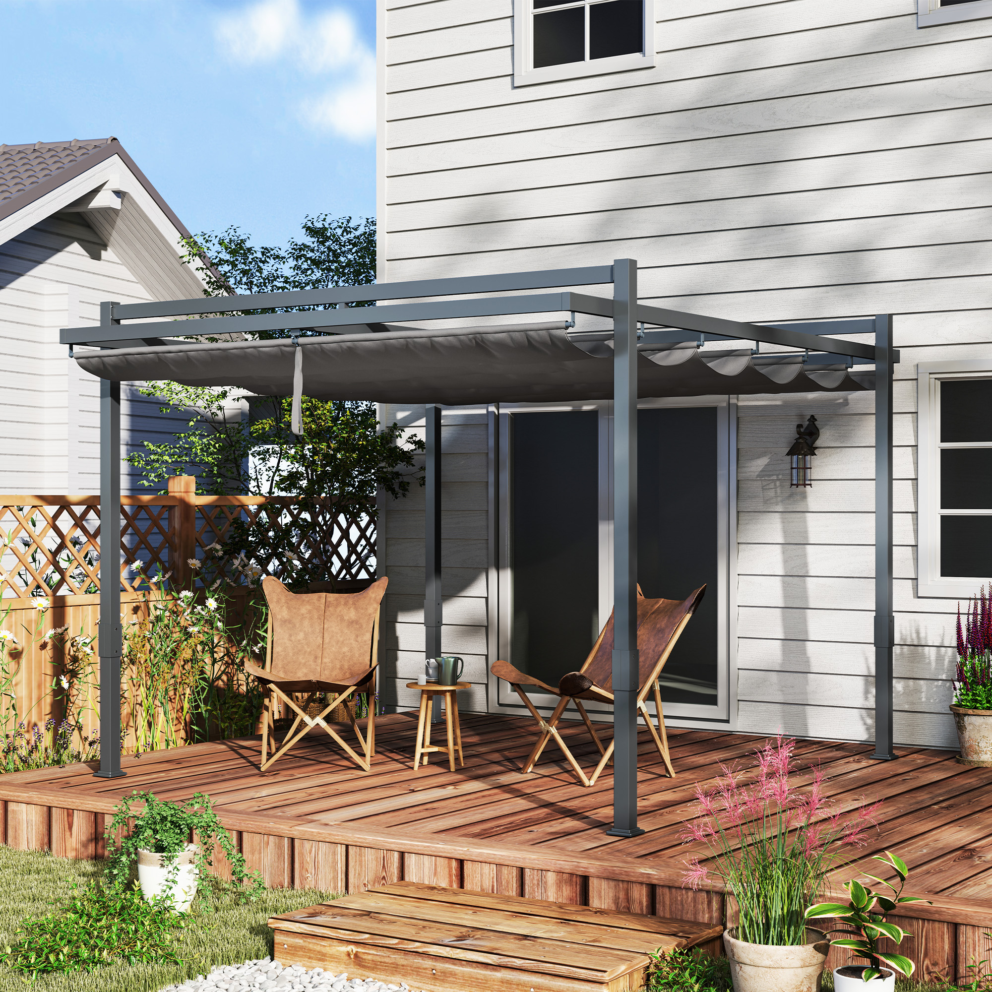 Pergola Pavillon ca. 3,5x3m Aluminium Stabil winterfest Sonnenschutz mit verstellbares Schiebedach Grau