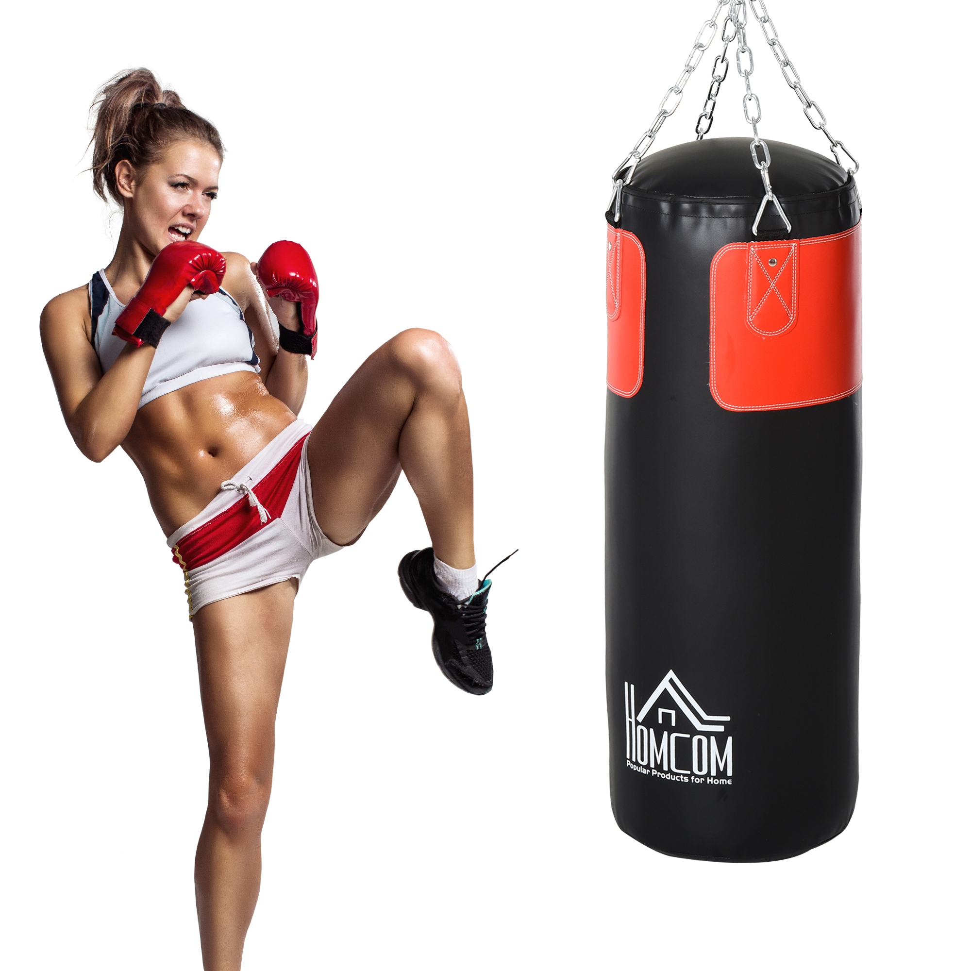 Boxsack-Set Box-Set mit Boxhandschuhen Gefüllt Set für Erwachsene Jugendlichen Hanging Boxing Heavy Bag 16 KG Ø30 x 120 cm Schwarz+Rot