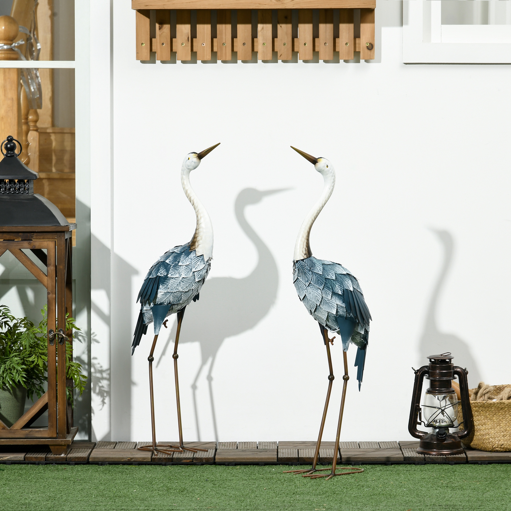 Gartenfigur Kraniche, 2-er Set, rostfrei, wetterfest, farbbeständig, Stahl, 26 x 15 x 74 cm, Blau/Weiß/Grau