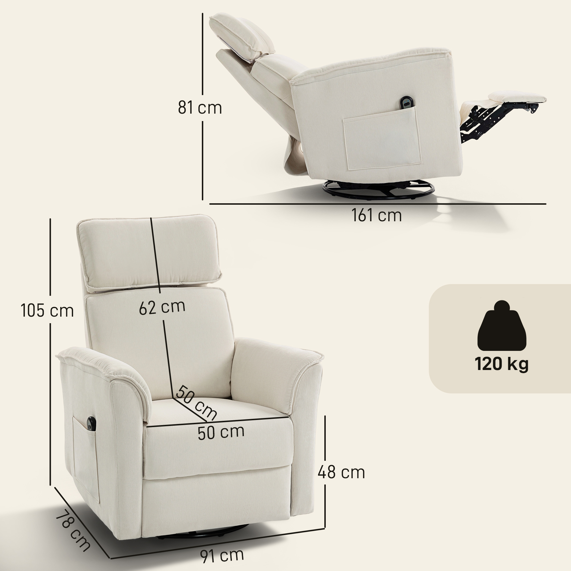 Relaxsessel Elektrisch mit Liegefunktion, Verstellbare Rückenlehne, Kopfstütze für Wohnzimmer Cremeweiß