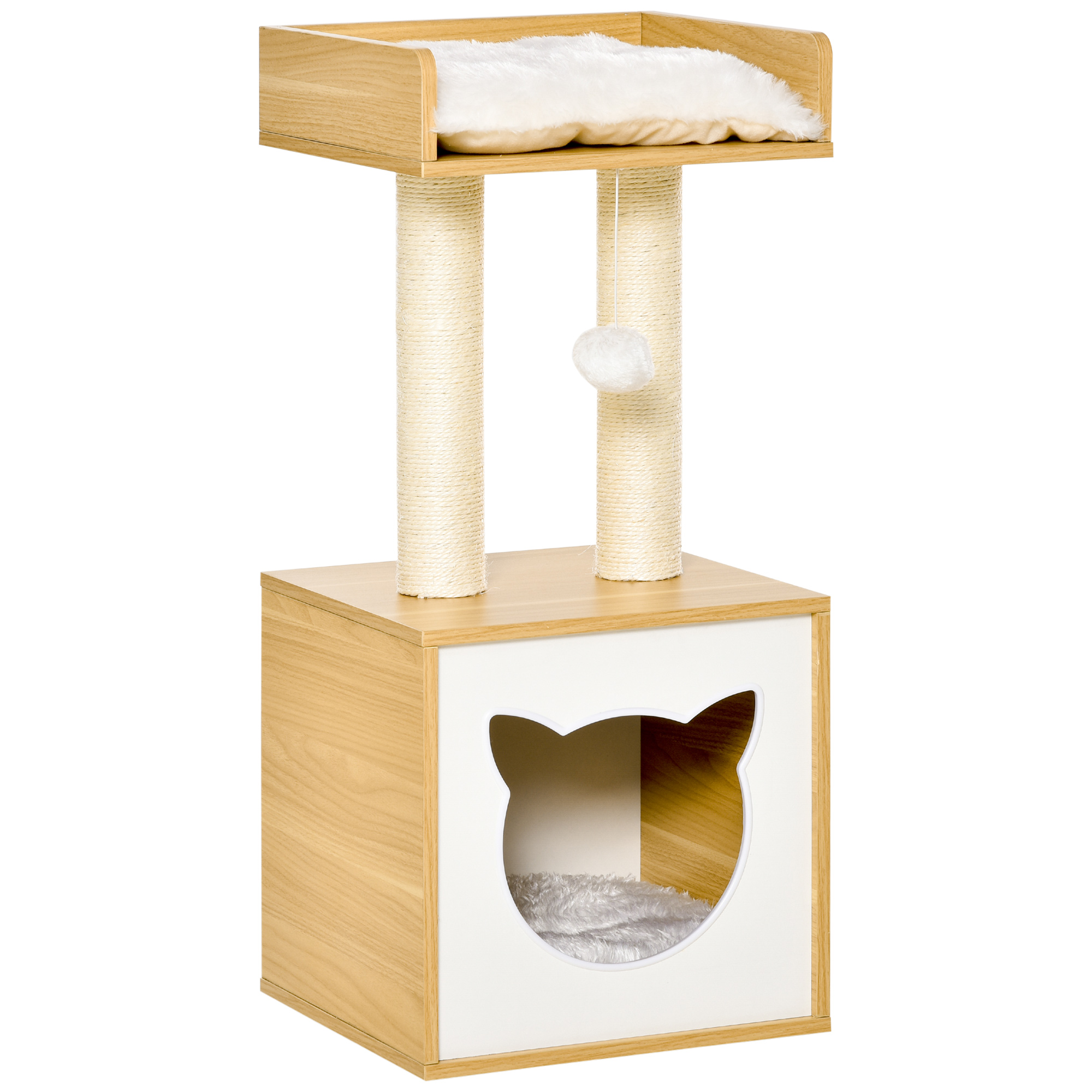 Katzenhöhle Katzenbett mit waschbarem Kissen, Plattform, Kratzsäule, Spielball, Katzenhaus für Katzen für Indoor 35 x 35 x 81 cm Eiche
