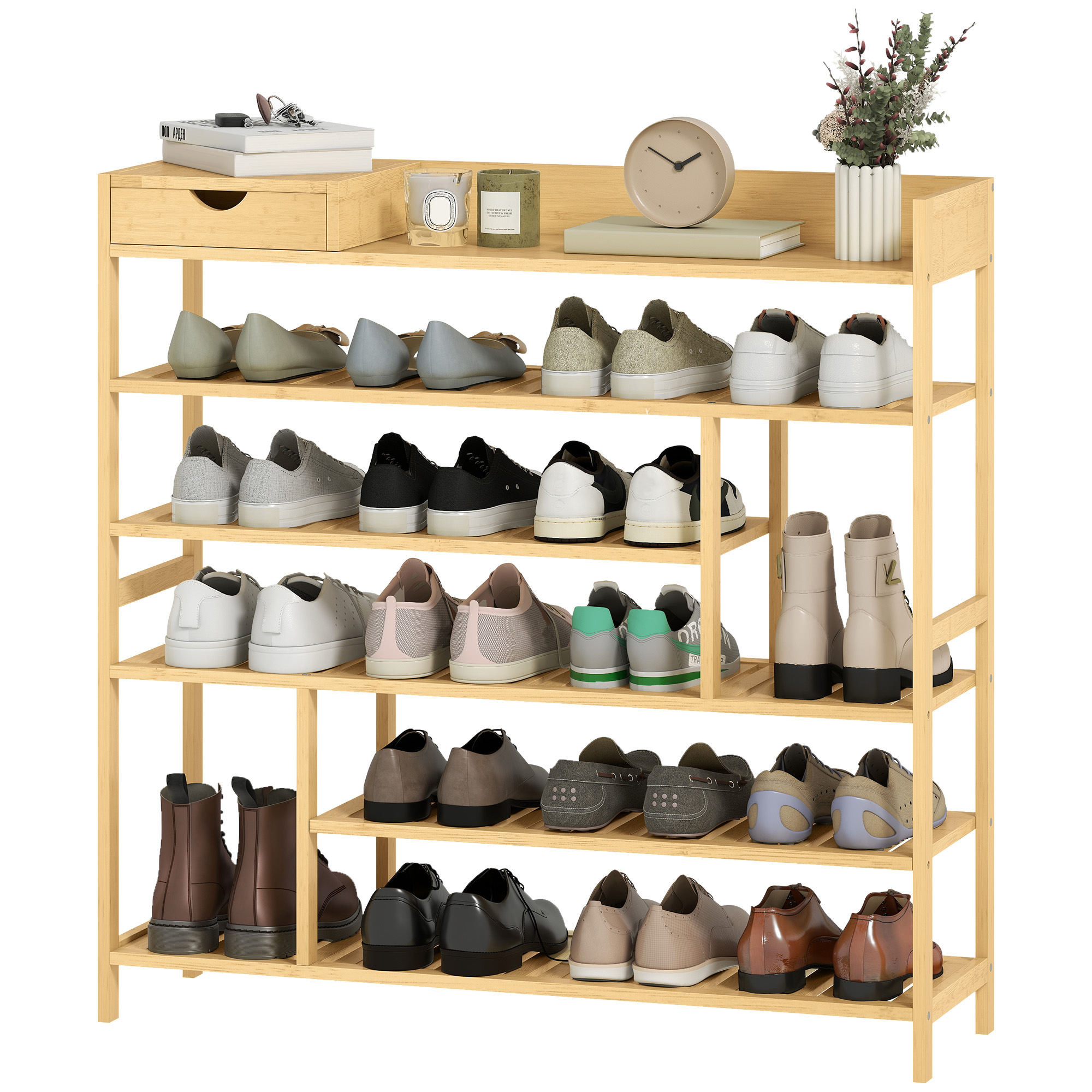 Schuhregal, Schuhständer mit 6 Ebenen, Schublade aus Bambus, für max, 18 Paar Schuhe, Schuhablage für Eingang, Schlafzimmer, 101 x 30 x 100 cm, Natur Schuhregal, Schuhständer mit 6 Ebenen, Schublade aus Bambus, für max, 18 Paar Schuhe, Schuhablage für Eingang, Schlafzimmer, 101 x 30 x 100 cm, Natur