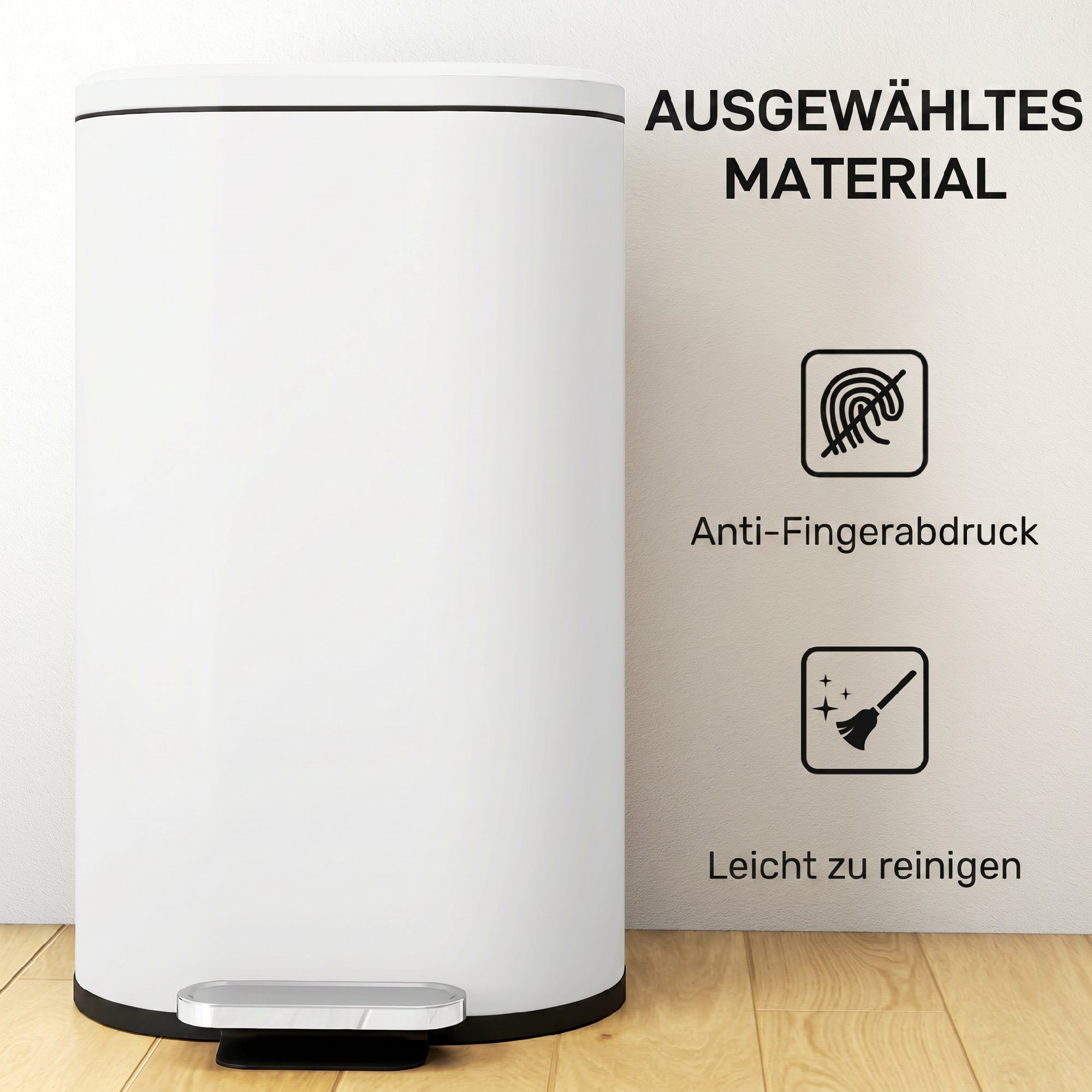 Mülleimer Küche 30 Liter Treteimer mit Soft-Close-Deckel, Pedal aus Metall, Cremeweiß, 36,5 X 31 x 61 cm