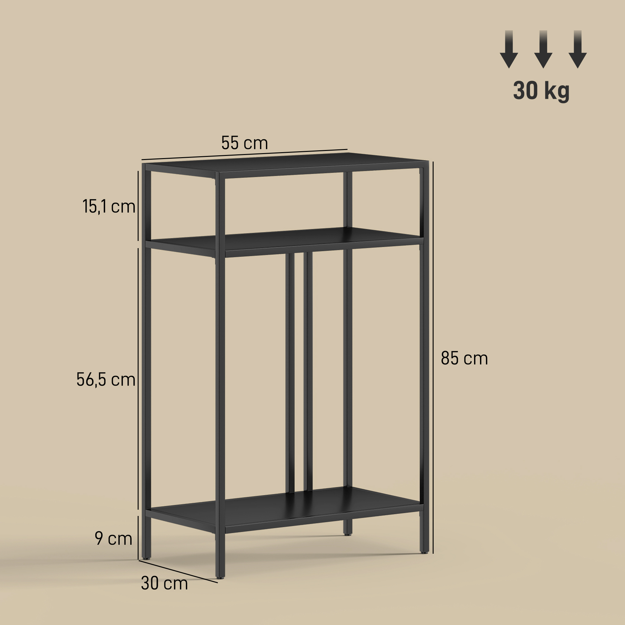 Konsolentisch 3-stufige Ablagen Schmaler Eingangsbereichstisch Stahlrahmen für Wohnzimmer Flur 55 cm Schwarz