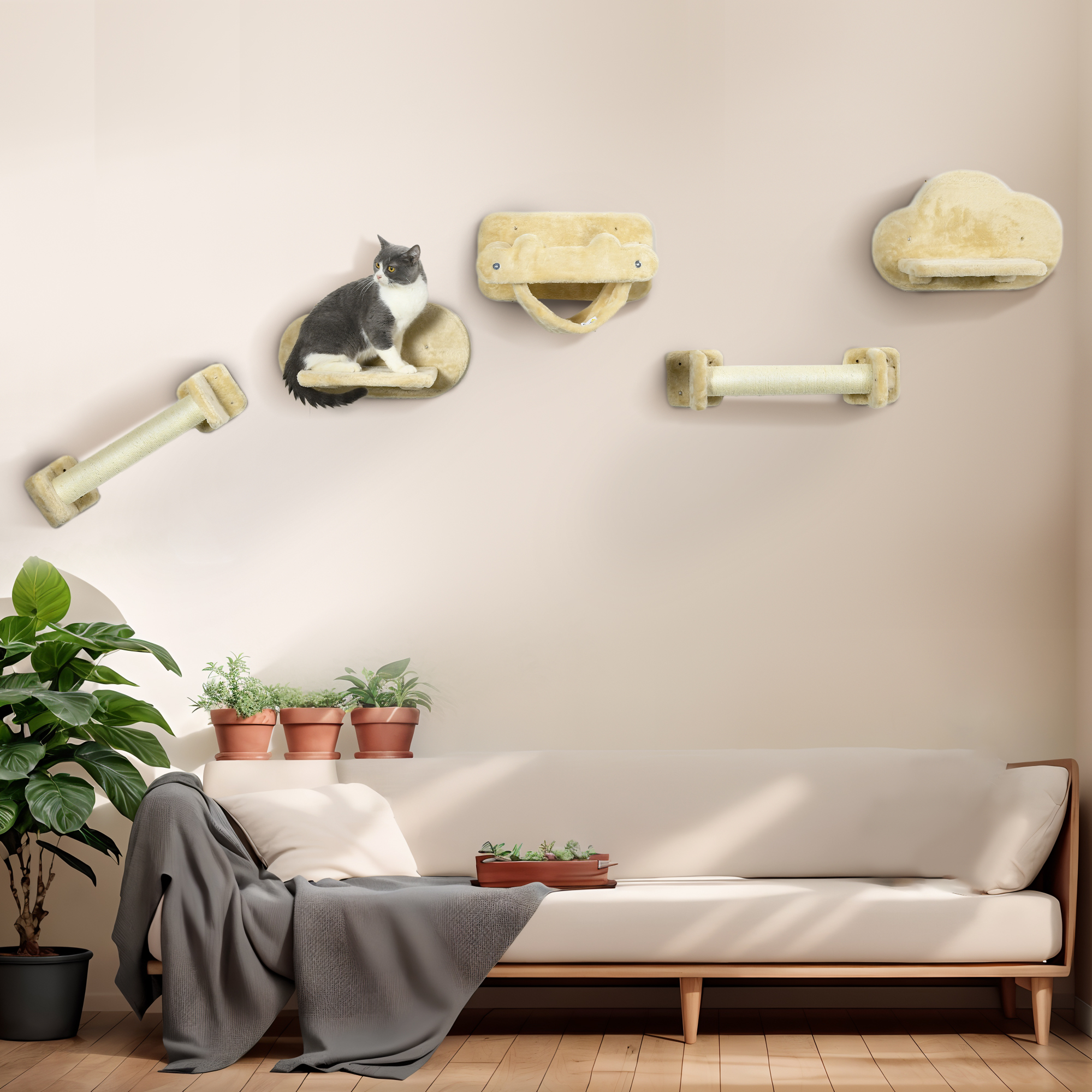 Katzentreppe, 5-teiliges Set, 2 Kratzstämme, 2 Plattformen mit Plüschbezug, Hängematte, beige