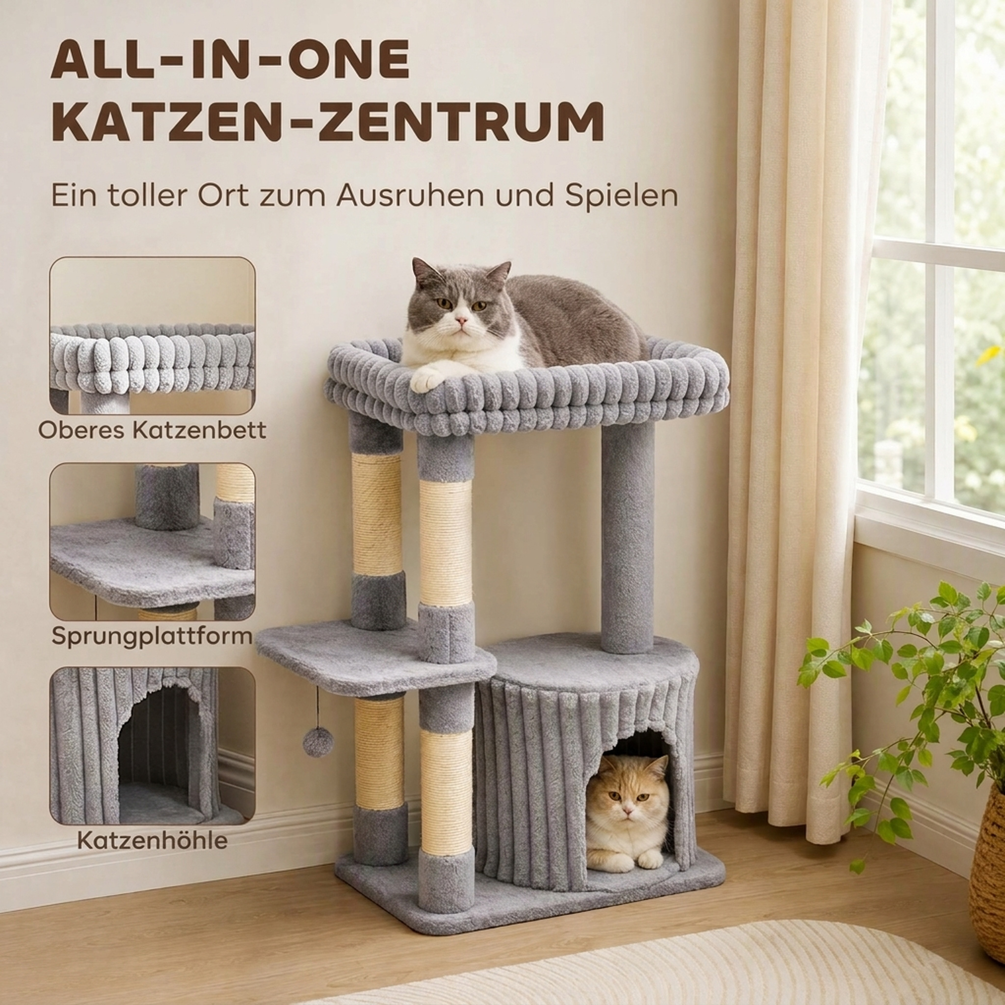 Katzenbaum, 93 cm 3 stufiger Kratzbaum mit Sisal-Kratzstämmen, Kuschelhöhle, großer Liegefläche, Plattform, bis 6 kg