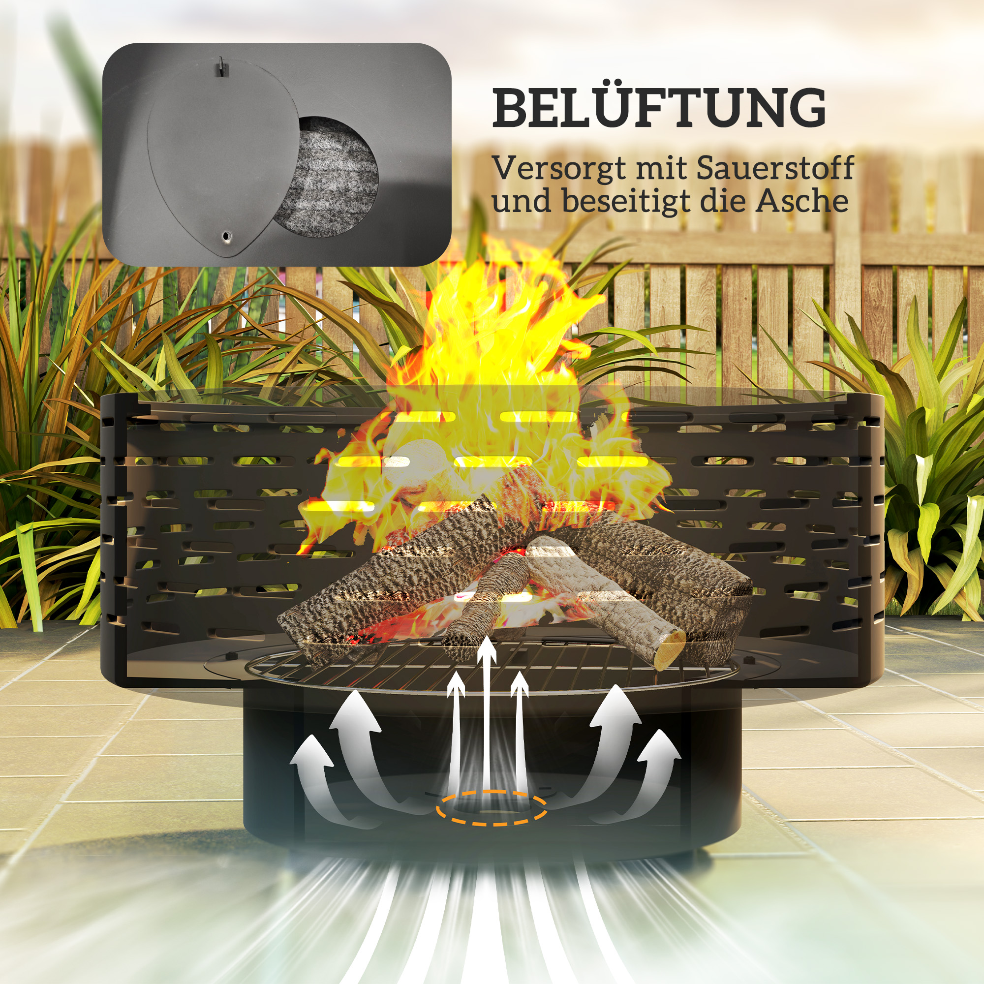 3-in-1 Feuerschale Ø60 x 39cm aus Edelstahl Feuerstelle mit Grillrost Funkenschutz Schürhaken Kohlegrau