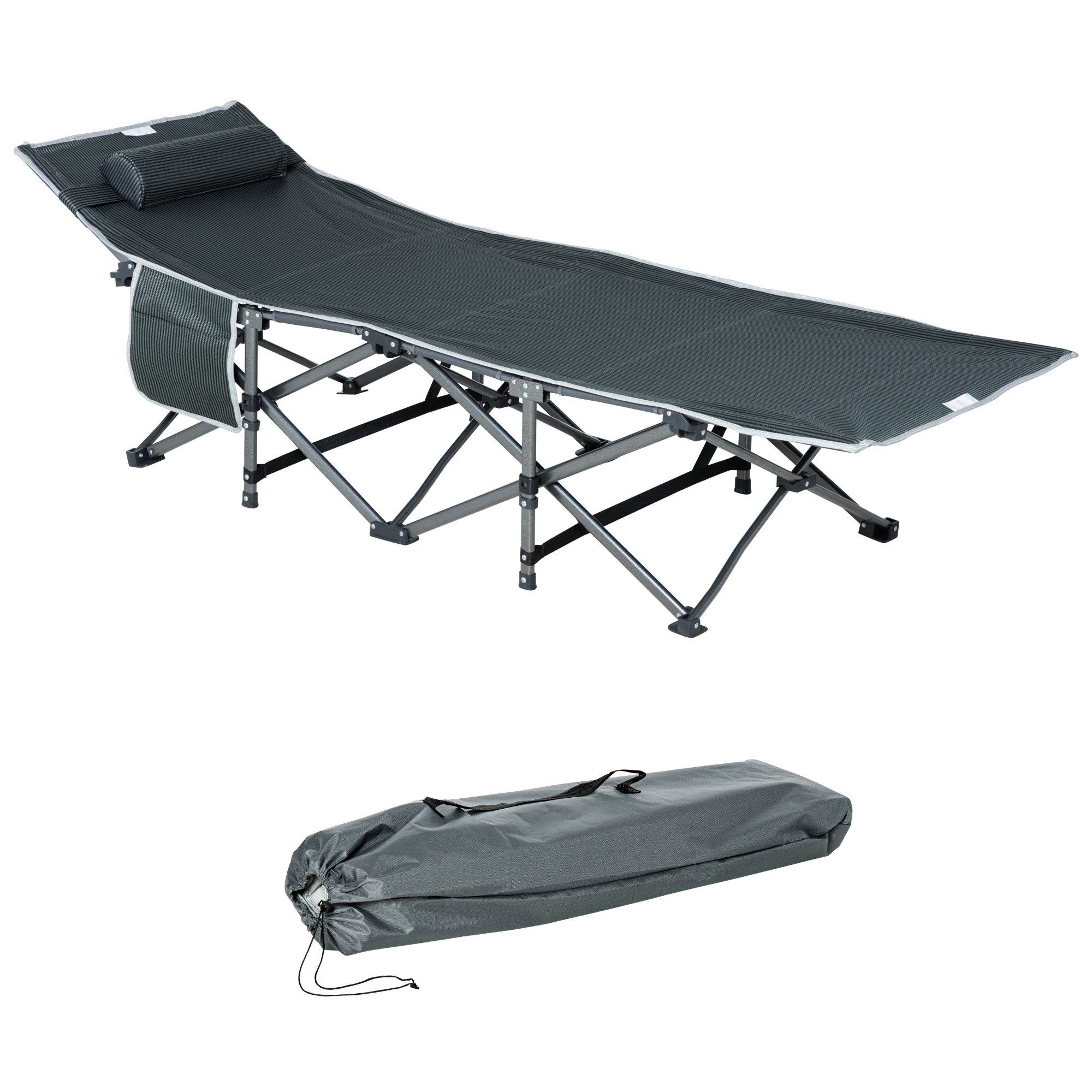 Campingbett, klappbares Feldbett mit Kopfkissen, 188 x 64,5 x 53 cm, Grau Campingbett, klappbares Feldbett mit Kopfkissen, 188 x 64,5 x 53 cm, Grau
