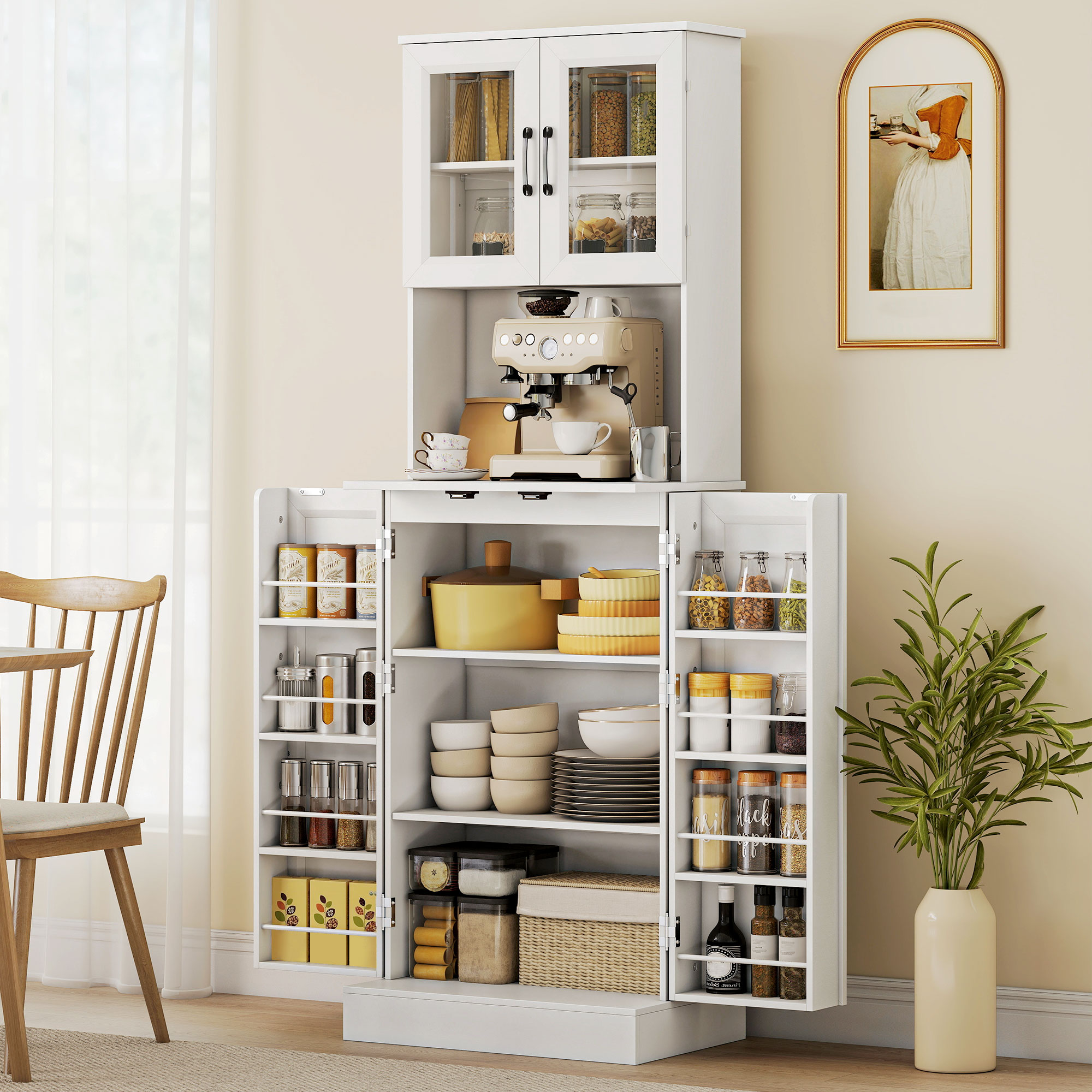 Küchenschrank, verstellbares Regal, Arbeitsplatte, Acryltüren, Kabelloch, für Wohnzimmer, Küche, Esszimmer, MDF, Weiß