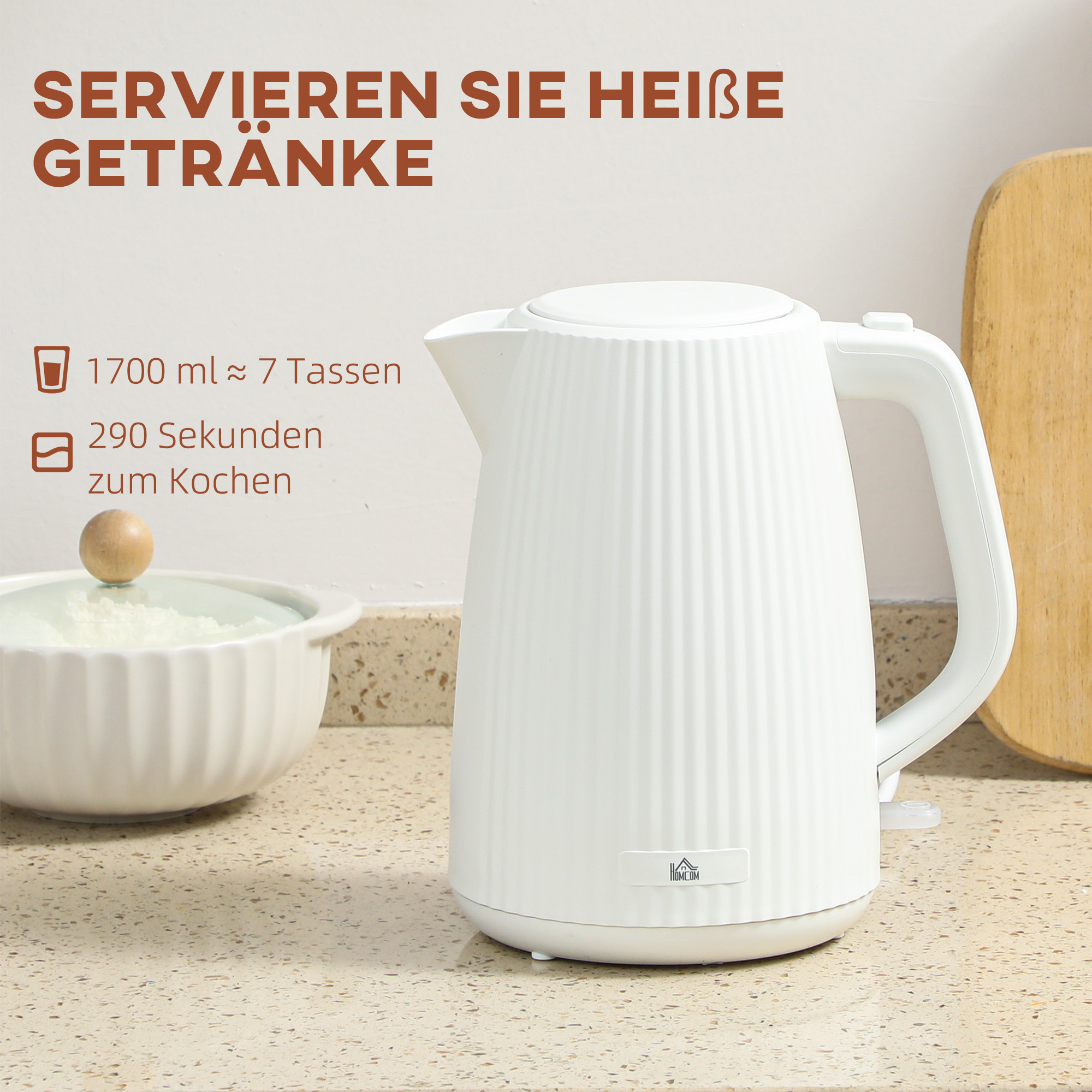 Wasserkocher, 1,7L Schnellkochfunktion, 2200W, mit herausnehmbarem Kalkfilter, Abschaltautomatik, Cremeweiß