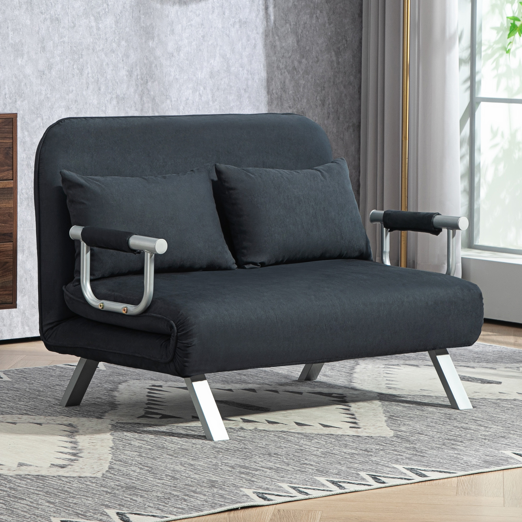 Schlafsofa, 5-fach verstellbar, Wildlederimitat, Stahlrahmen, inkl. Kissen, Schwarz