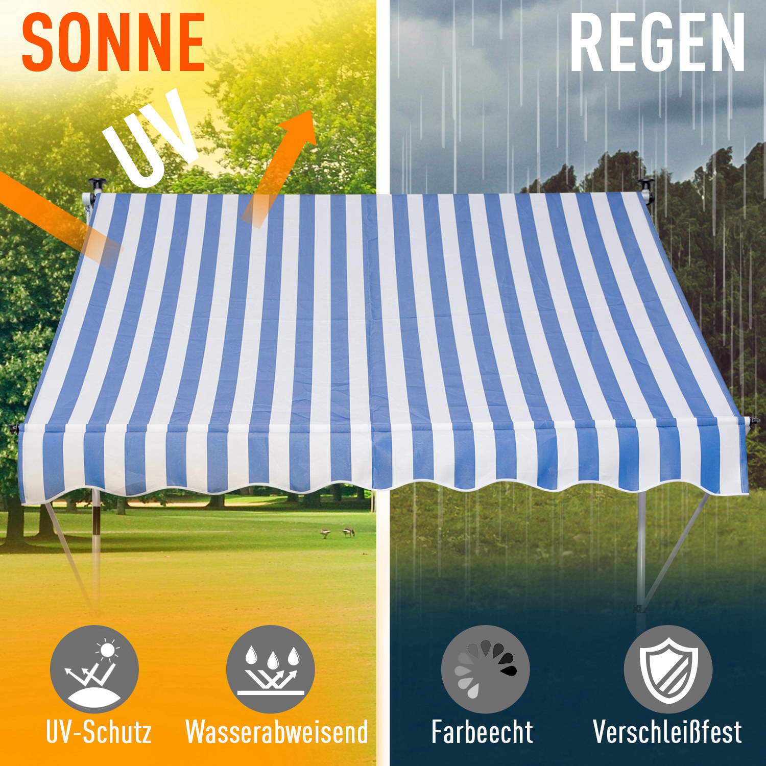 Klemmmarkise mit Handkurbel höhenverstellbar Gelenkarmmarkise schmutzabweisend, witterungsbeständig Balkonmarkise 150cm breit Terrassenmarkise für Terrasse Balkon Veranda Blau+Weiß