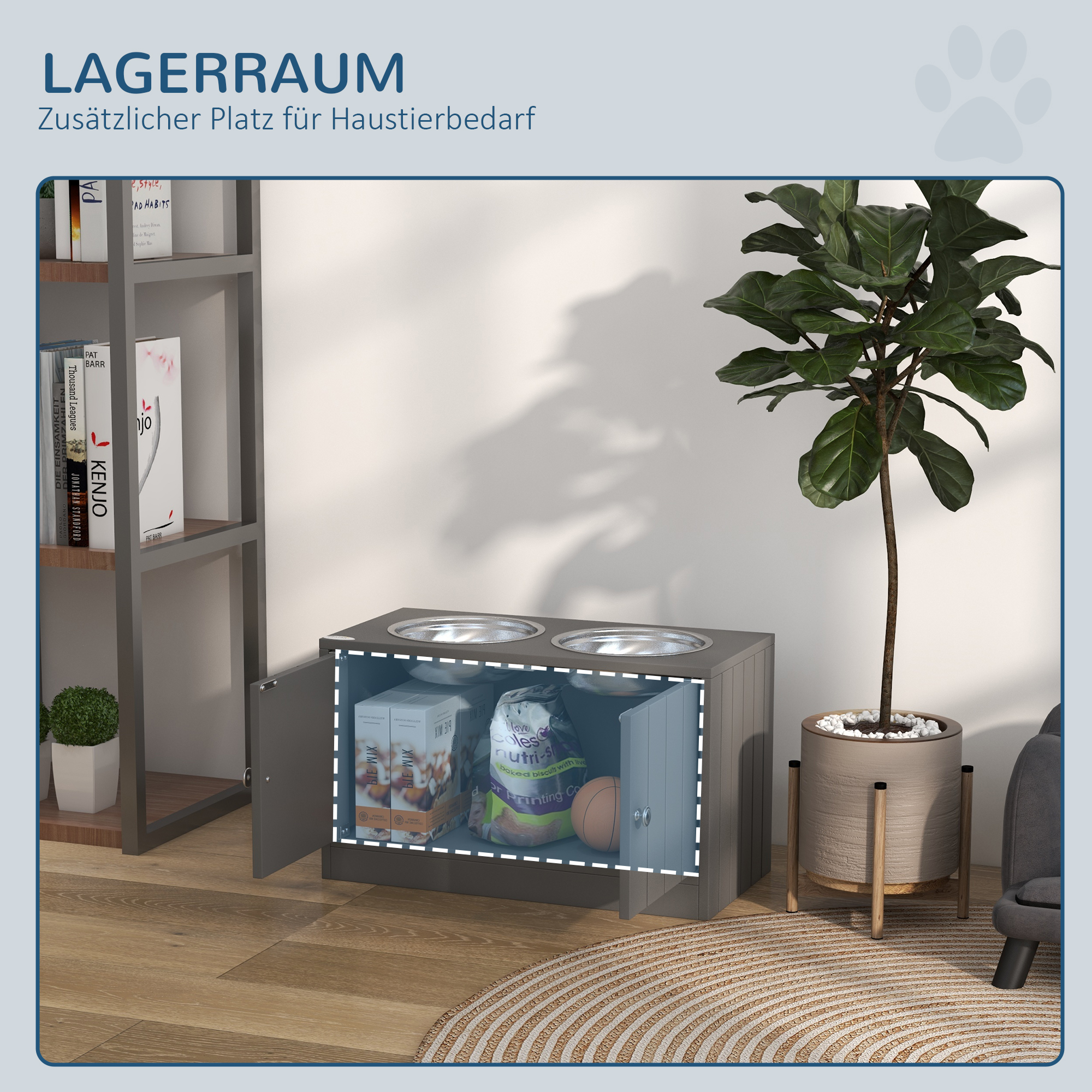 Erhöhte Futterstation mit 2 Edelstahlschüsseln und 44 L Stauraum, Magnettüren, für große Hunde, Grau