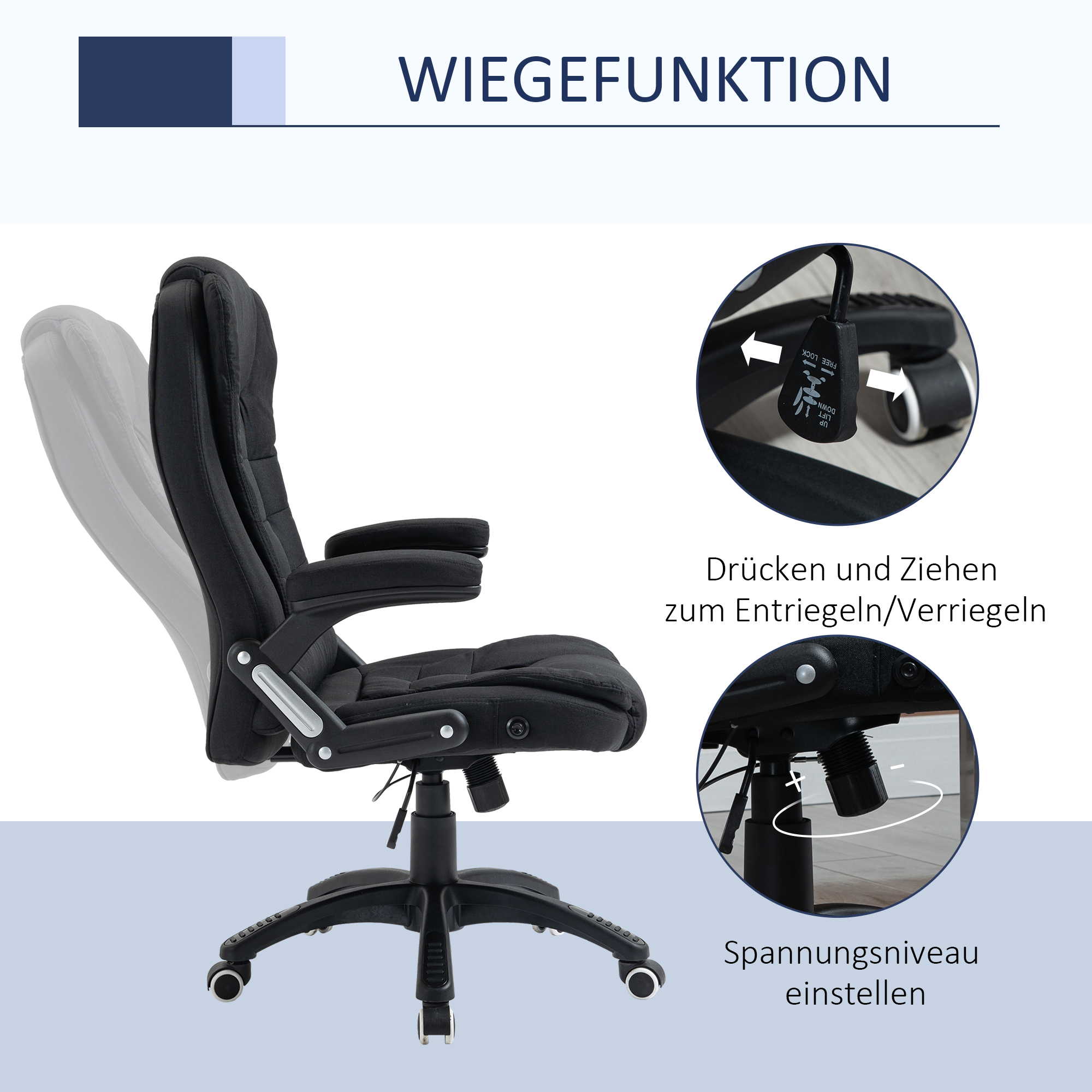 Bürostuhl Computerstuhl entspanntes Hinlegen höhenverstellbarer Schreibtischstuhl  ergonomisch 360° Schaumstoff Kunststoff-Kunststoff leinenartiges Polyester Schwarz 65 x 72 x 100-120 cm