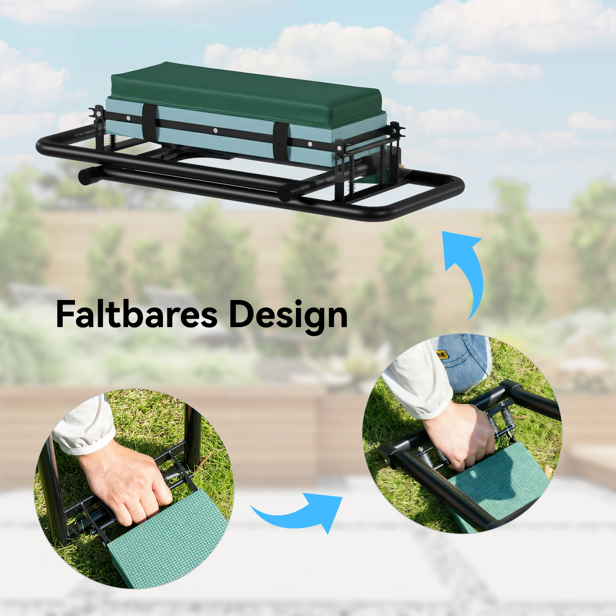 Gartenkniepolster und Sitz, 150 kg Tragkraft, Gartenhocker mit dick gepolstertem Kniebereich, ausziehbaren Stahlbeinen