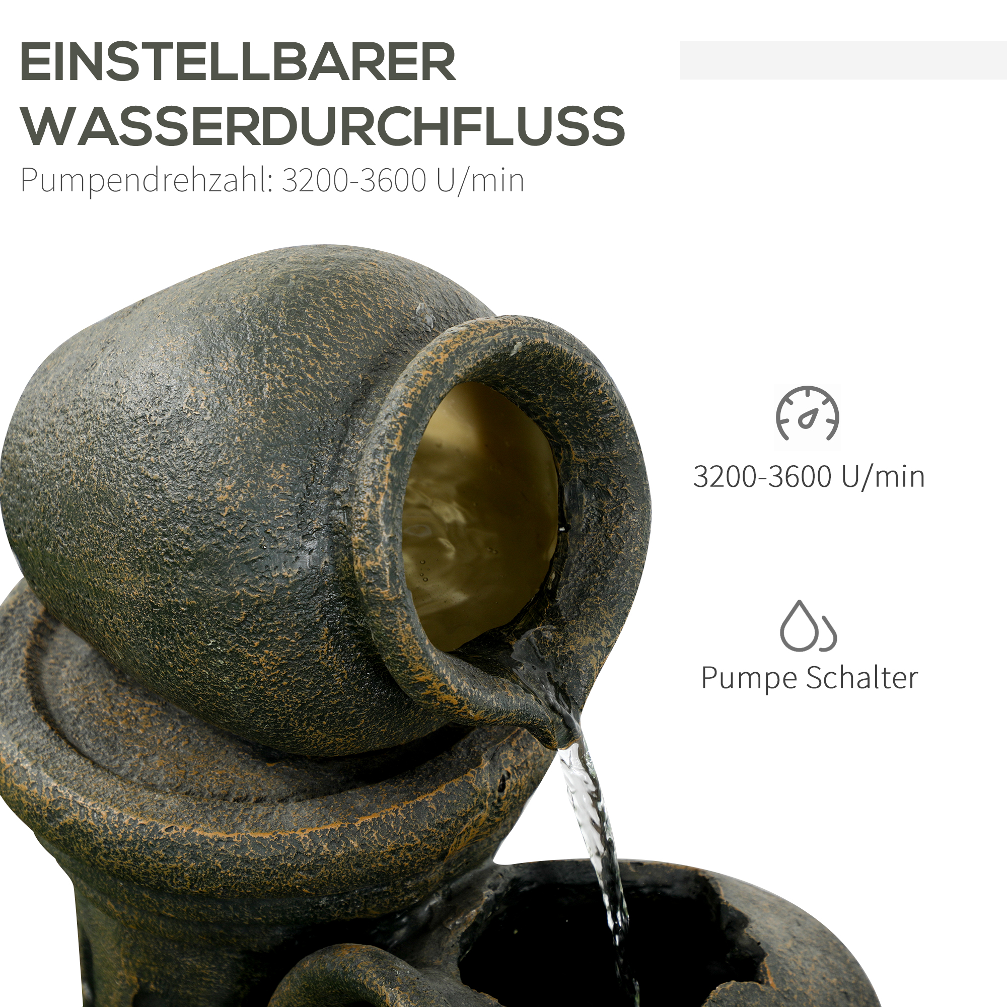 Springbrunnen, verstellbare Pumpe, wetterbeständig, 25 cm x 24 cm x 60 cm, Grau