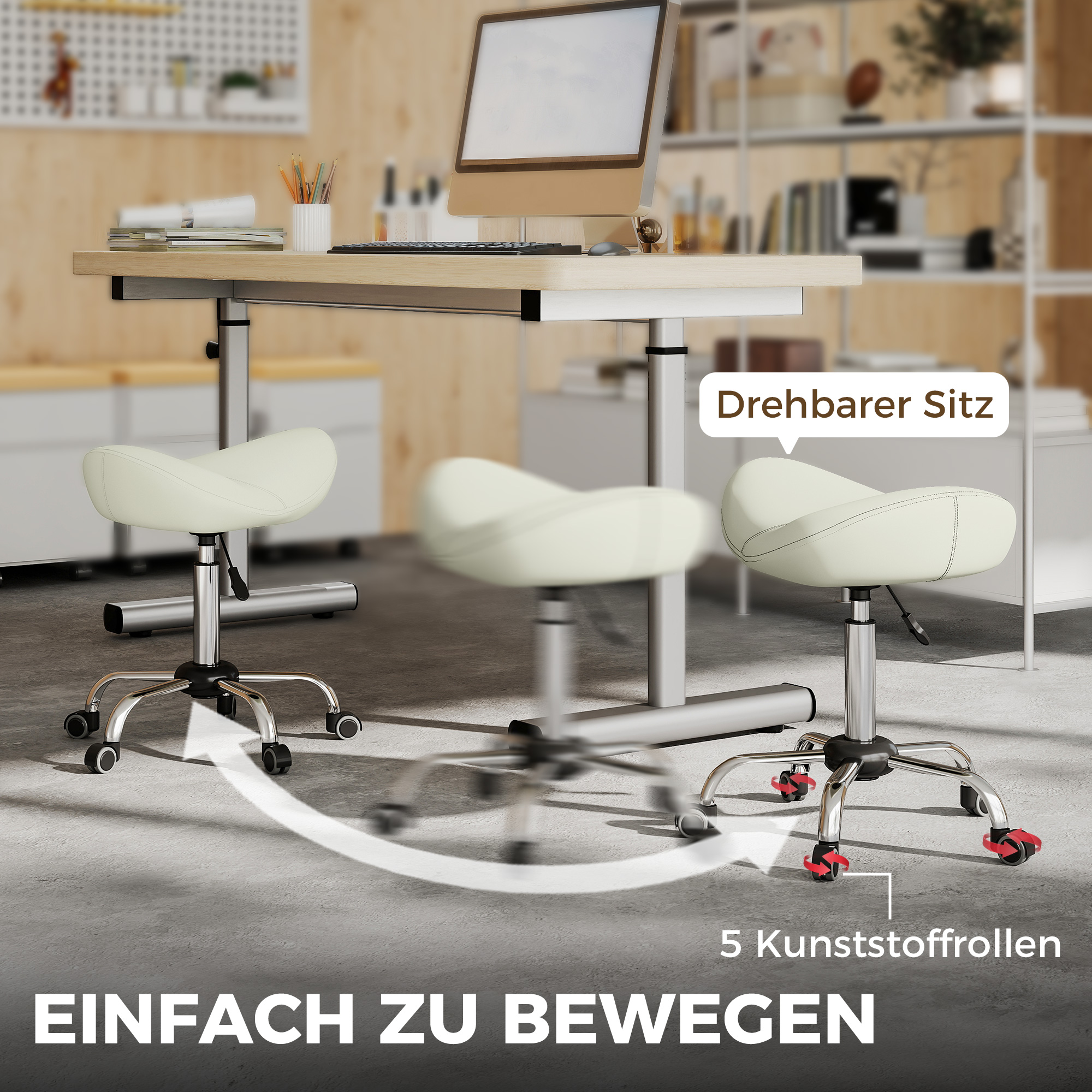 Sattelstuhl, höhenverstellbarer Rollstuhl mit PU-Leder für Massage, Spa, Klinik, Beauty und Tattoo, Cremeweiß