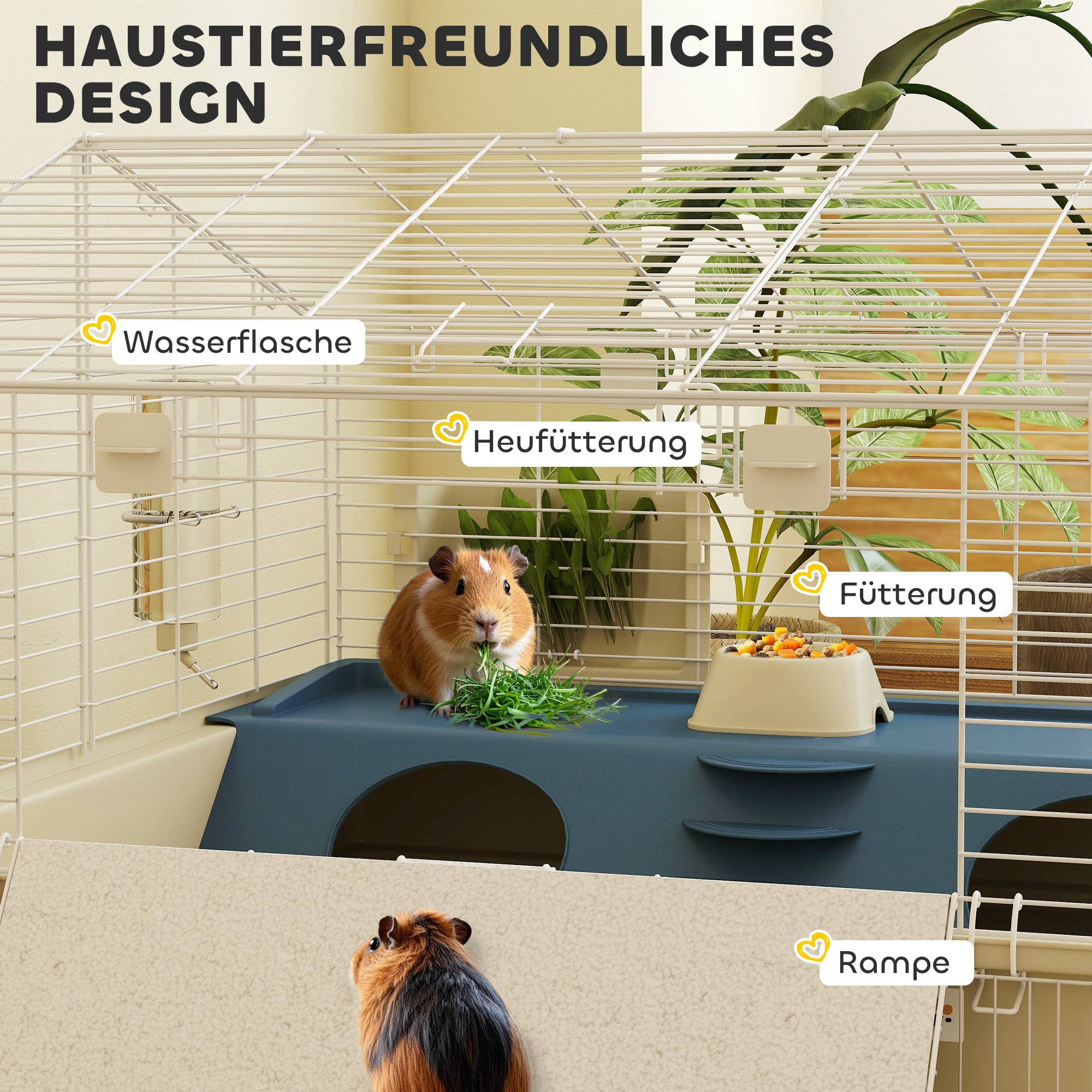 Kleintierkäfig, Balkon, Rampe, Futtertrog, Wasserflasche, 2-Ebenen-Design, Weiß