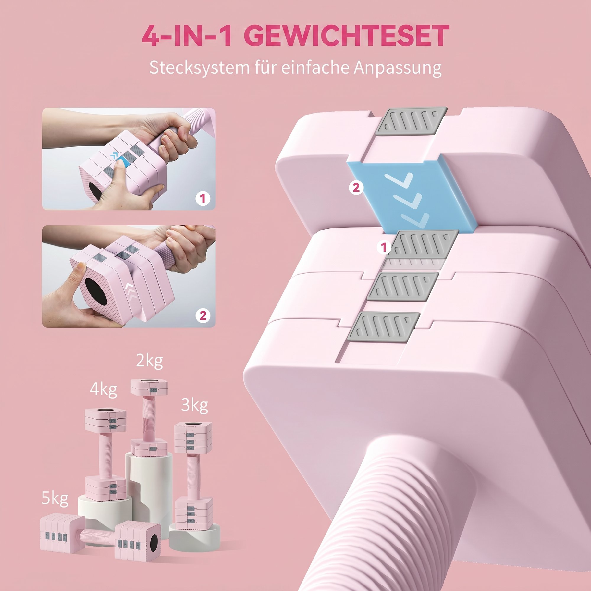 verstellbare Hantel, 2 x 5kg Hanteln mit rutschfest Griff, Quadratisch Kurzhantelset aus Stahl Rosa