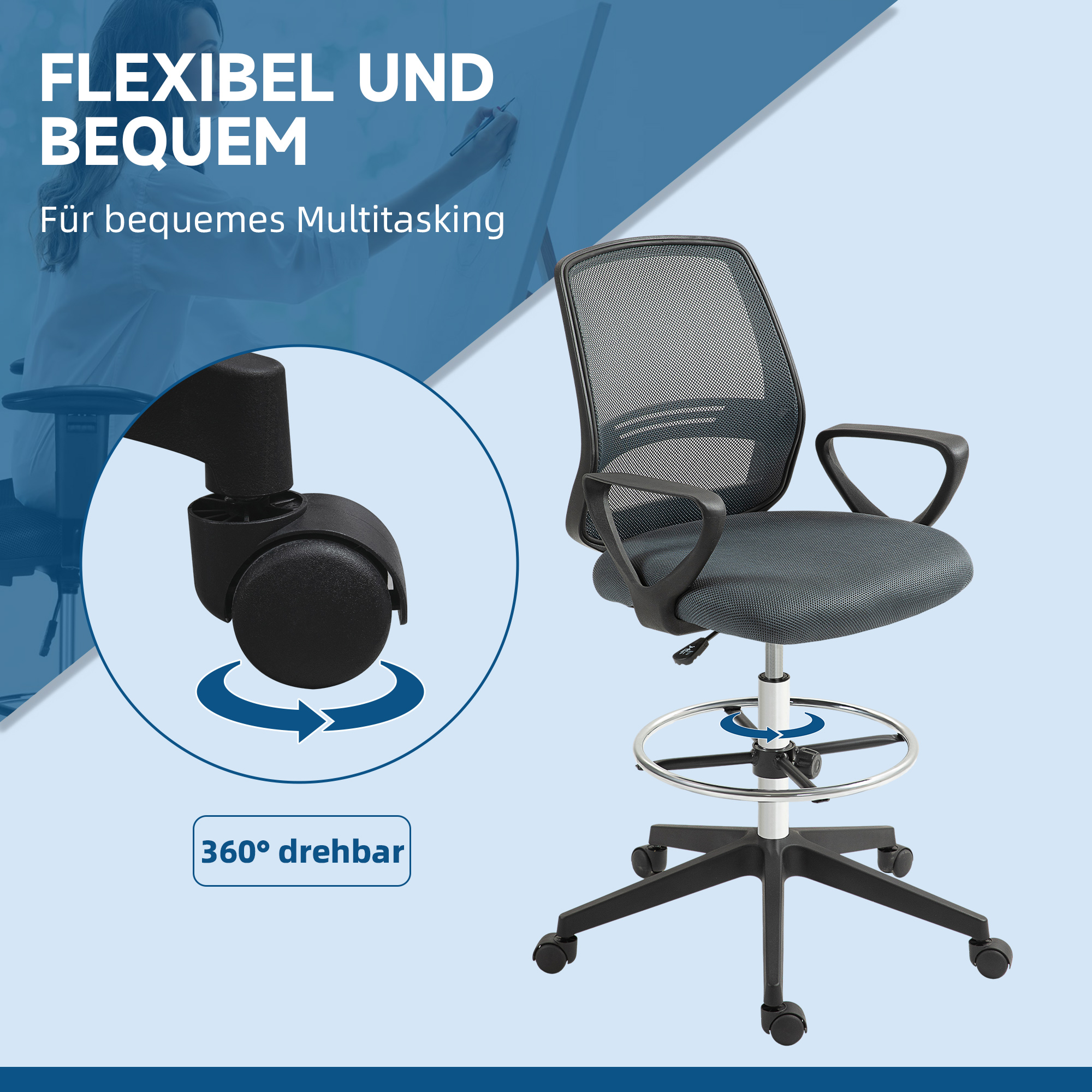 Bürostuhl Ergonomischer Schreibtischstuhl mit Armlehnen und Verstellbarer Fußring Netzbespannung Grau