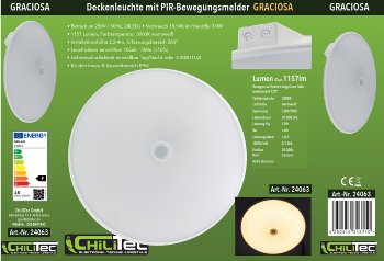 LED Deckenleuchte "GRACIOSA" / 15W, 1157lm, 3000K, PIR-Bewegungsmelder