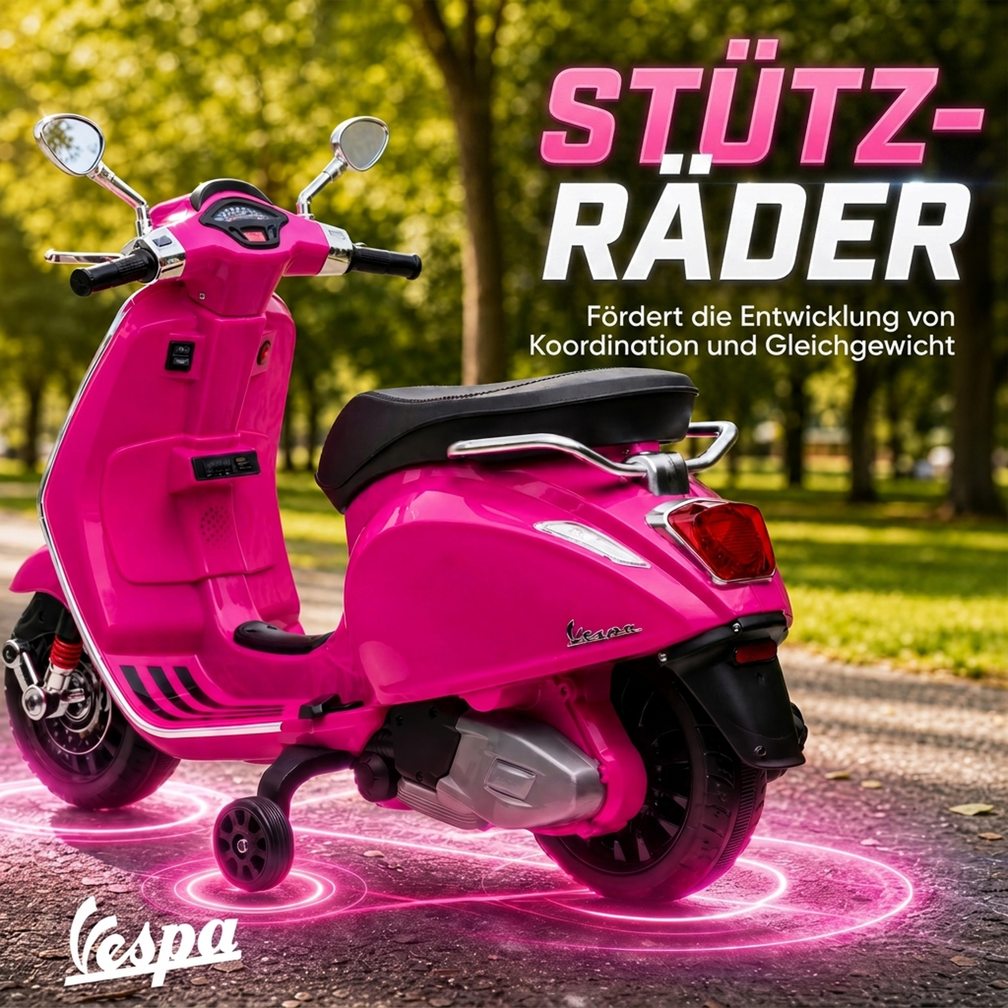 Elektro-Kindermotorrad, Vespa, 3 km/h, 3-6 Jahre, Musik, Licht & Radio, Rosa
