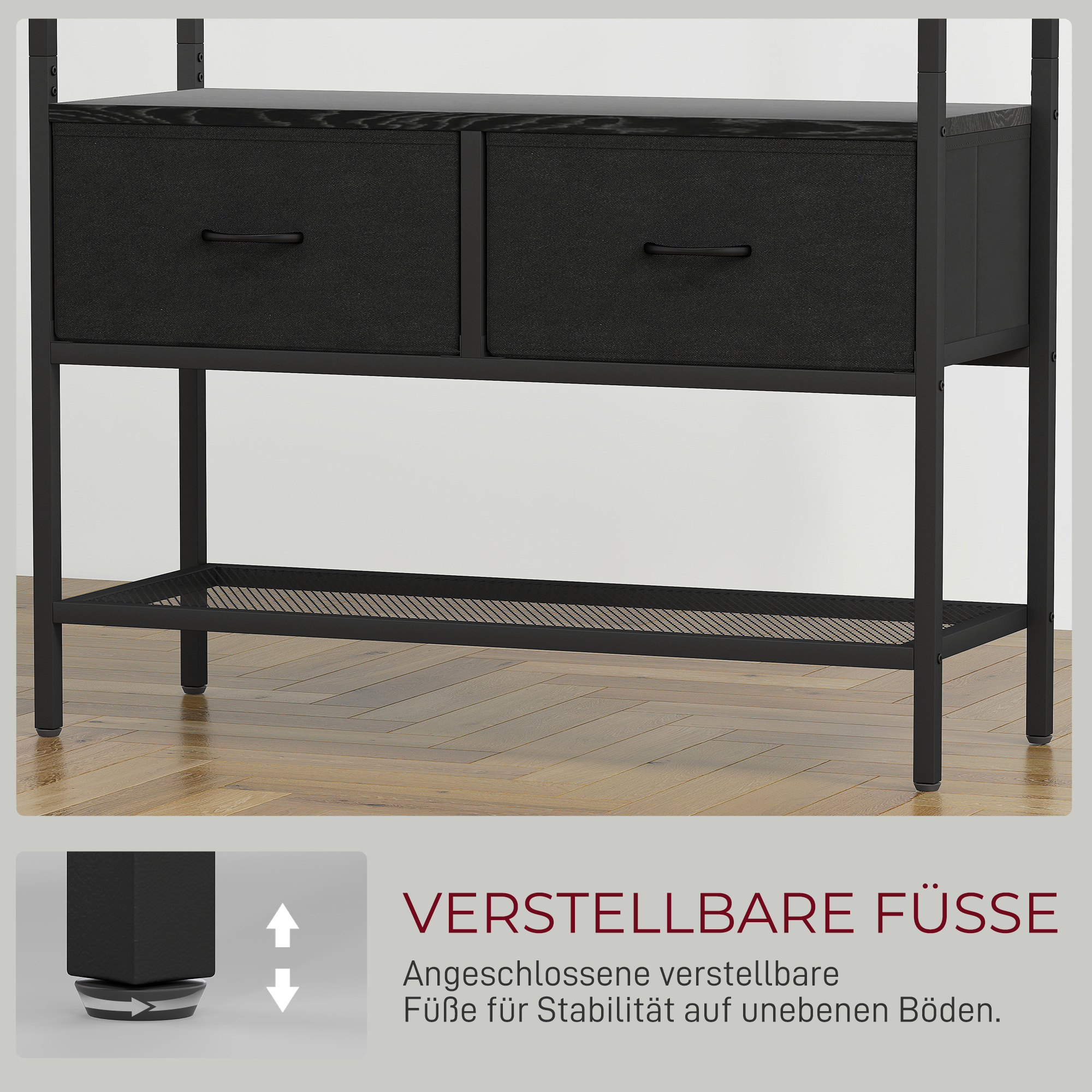 Garderobenständer mit Schuhregal, Kleiderständer im Industrie-Design, 2 Stoffschubladen, 8 Haken, Metallrahmen, Schwarz