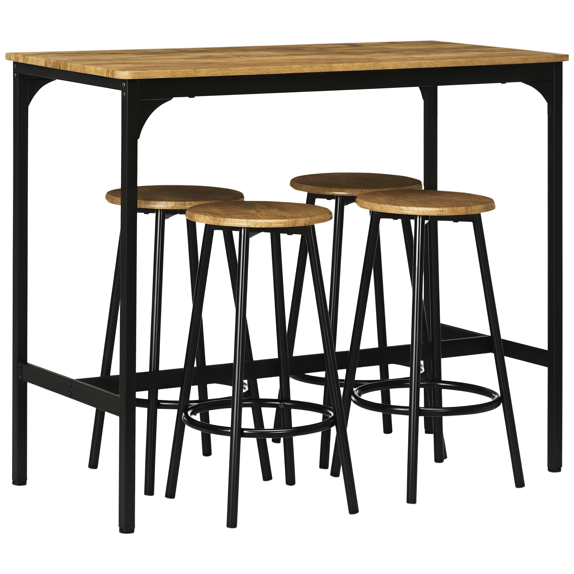 5-tlg, Bartisch-Set im Industriedesign, 1 Bartisch, 4 Barhocker, Sitzgruppe, Küchentresen, Schwarz + Braun 5-tlg, Bartisch-Set im Industriedesign, 1 Bartisch, 4 Barhocker, Sitzgruppe, Küchentresen, Schwarz + Braun