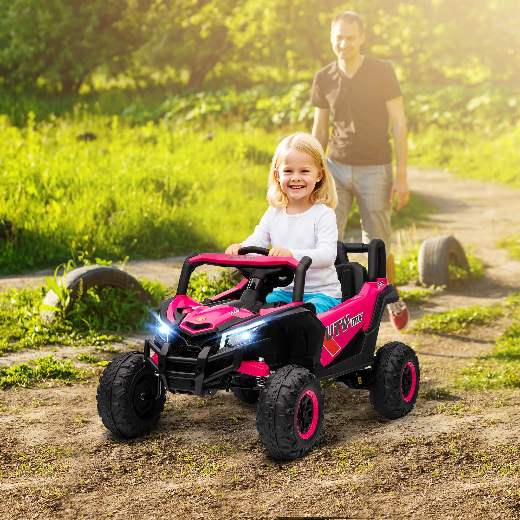 12V Elektroauto für Kinder, Fernbedienungsfunktion, Gurt, Hupe, LED-Lichter, USB-Port, für 3-5 Jahre, Rosa