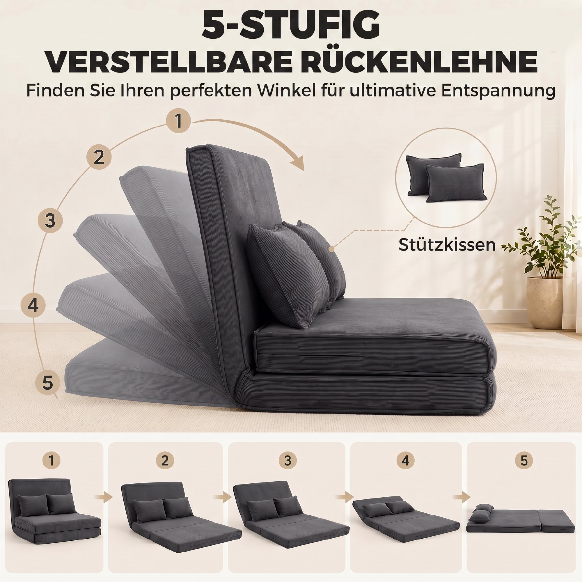 Bodenstuhl mit Rückenlehne, Cord-Klappsofa als Gästebett, Verstellbare Rückenlehne, Breiter Sitz, Dunkelgrau