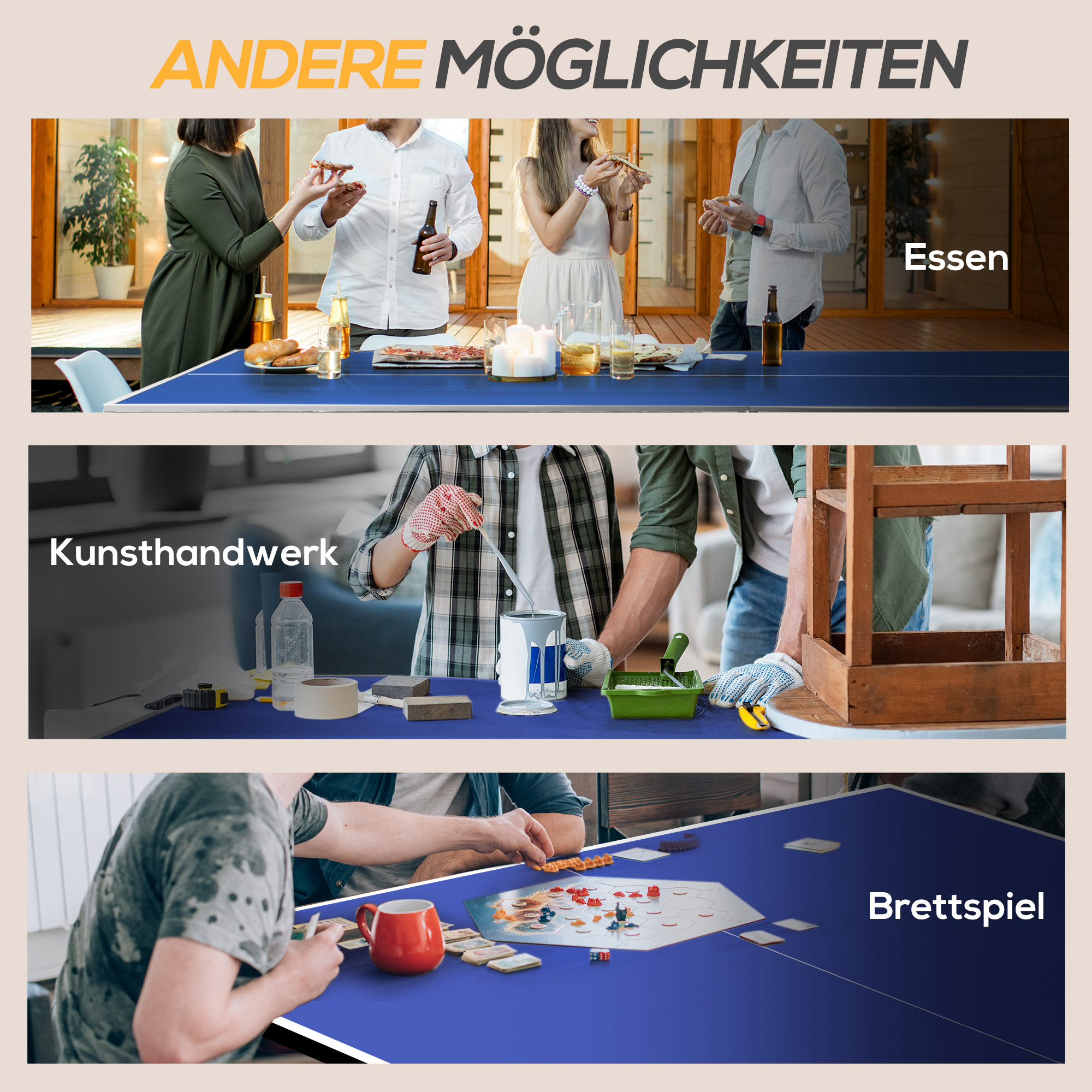 Tischtennisplatte, klappbar, inkl. 2 Schläger, 3 Bälle, Netz, Indoor, Metallgestell, 274x152x76cm, Blau