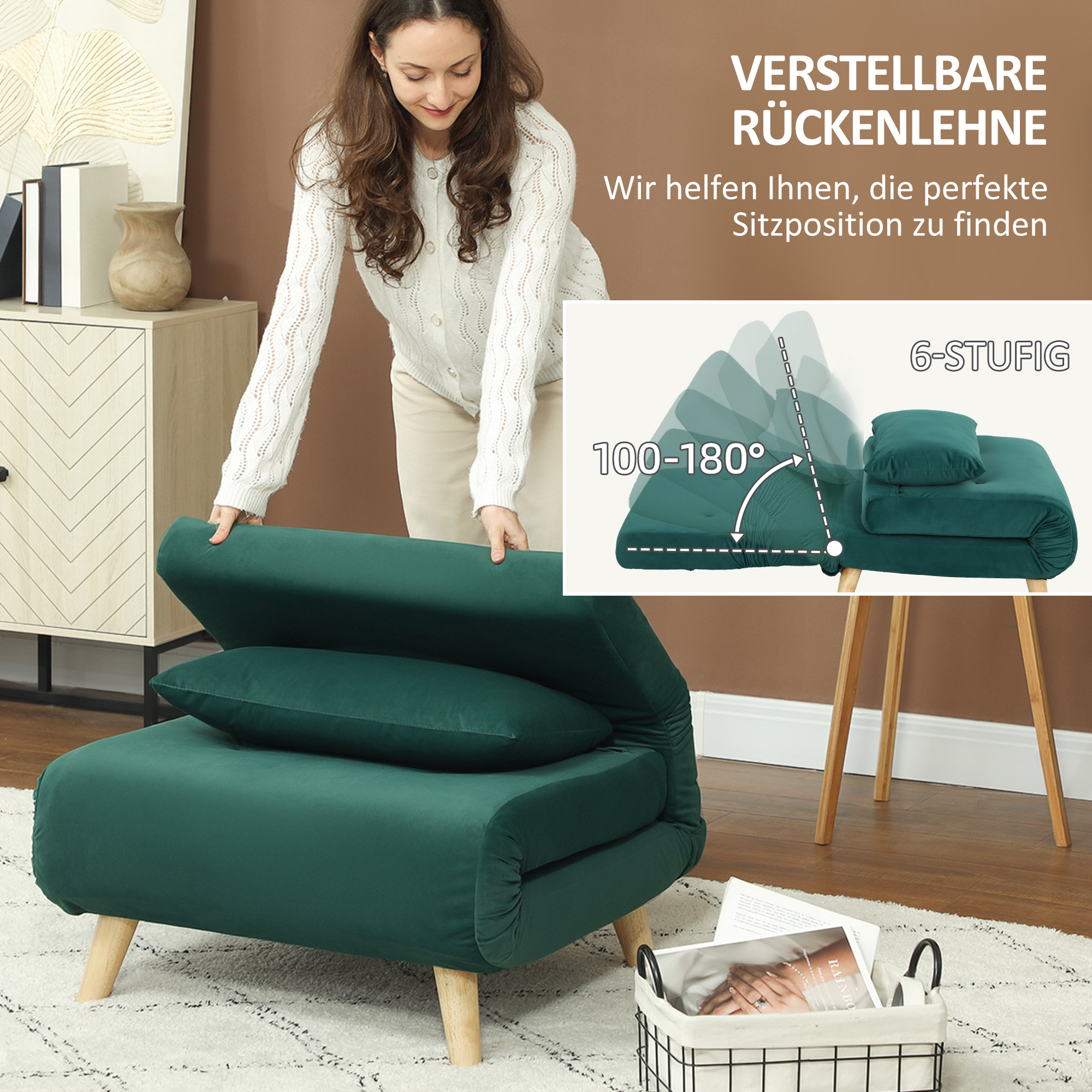 3-in-1 Schlafsessel, Klappsessel mit Schlaffunktion, verstellbare Click-Clack-Rückenlehne, Dunkelgrün