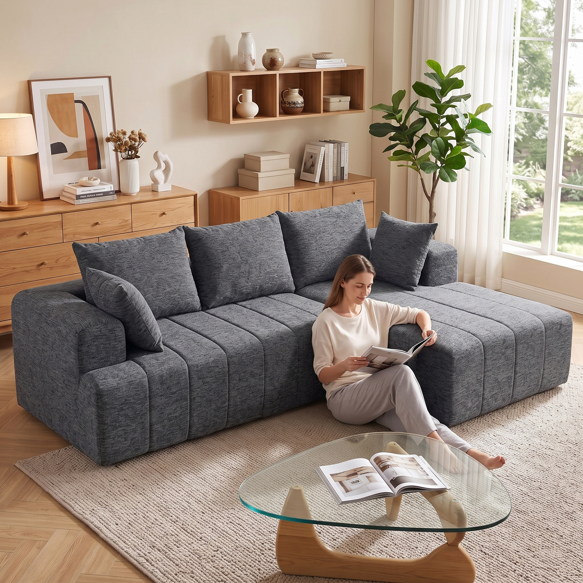 3-Sitzer Ecksofa in L-Form mit Ottomane, wandelbares Chenille-Cloud-Schlafsofa mit Federkernpolsterung, Grau