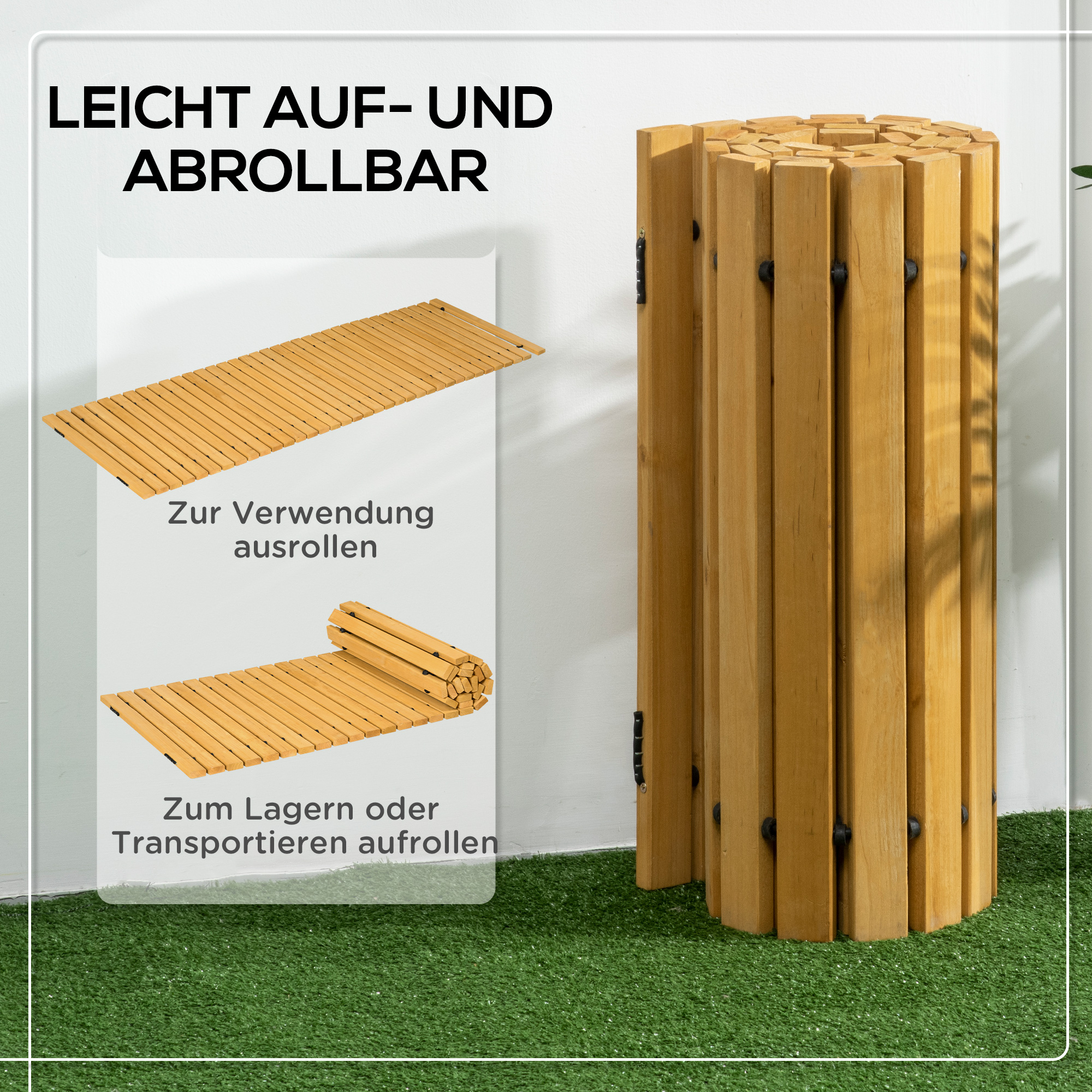 Rollweg Gartenweg 185 x 60  cm, Ausrollbarer Holzweg, Gehweg aus Tannenholz für Garten, Terrasse, Strand