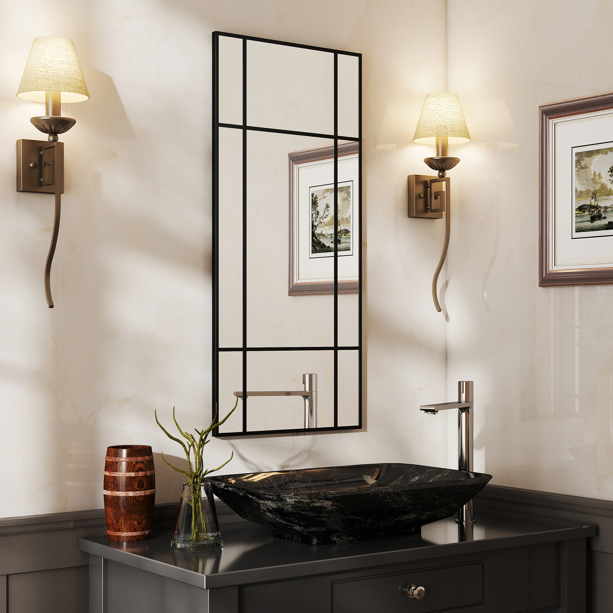 Wandspiegel, dekorativer Spiegel mit Metallrahmen, schwarze Streifen, Mehrschichtglas, 50B x 2T x 110H cm