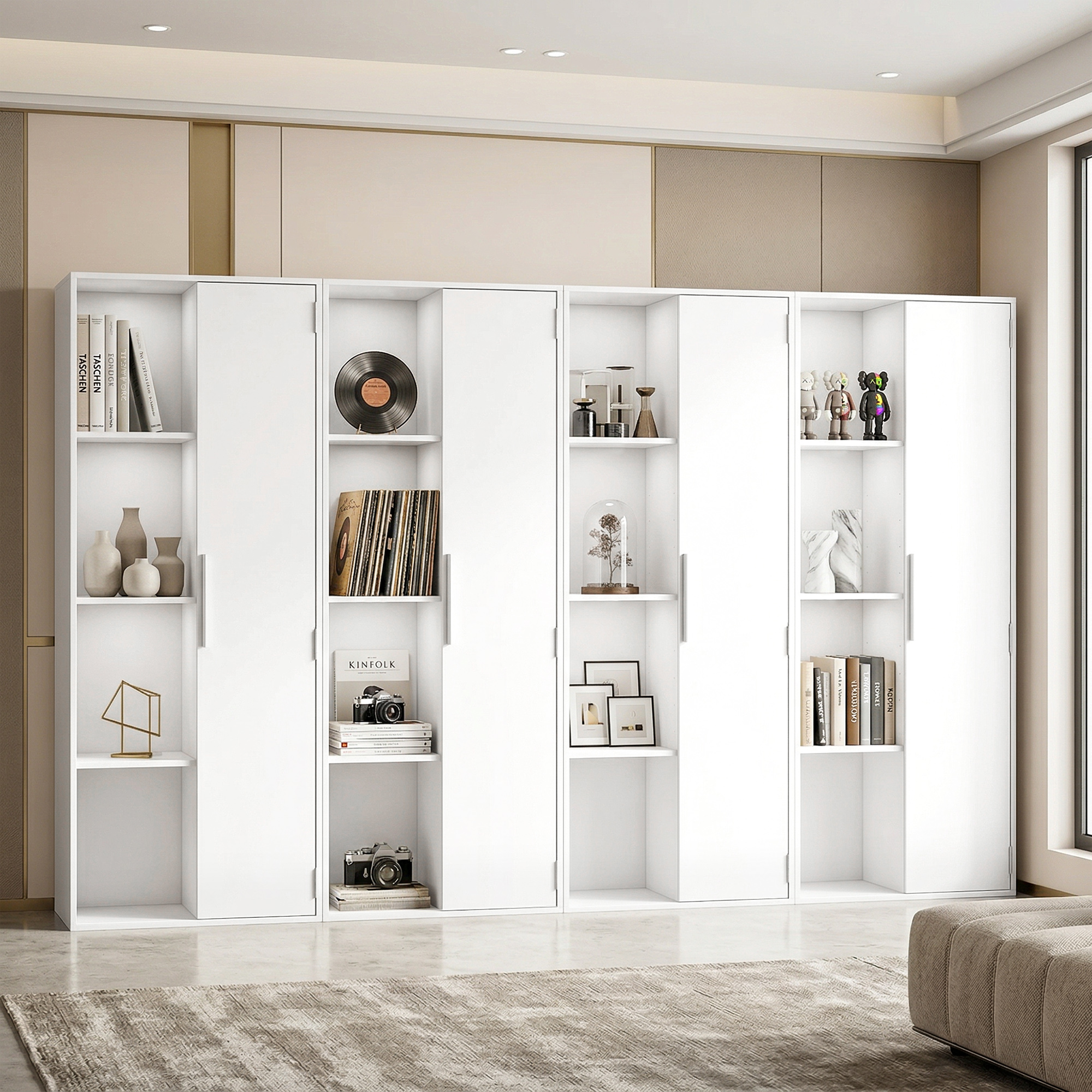 4-stöckiges Bücherregal mit verstellbaren Regalböden, Regal mit Schrank und Türen für Wohnzimmer, Arbeitszimmer, Weiß