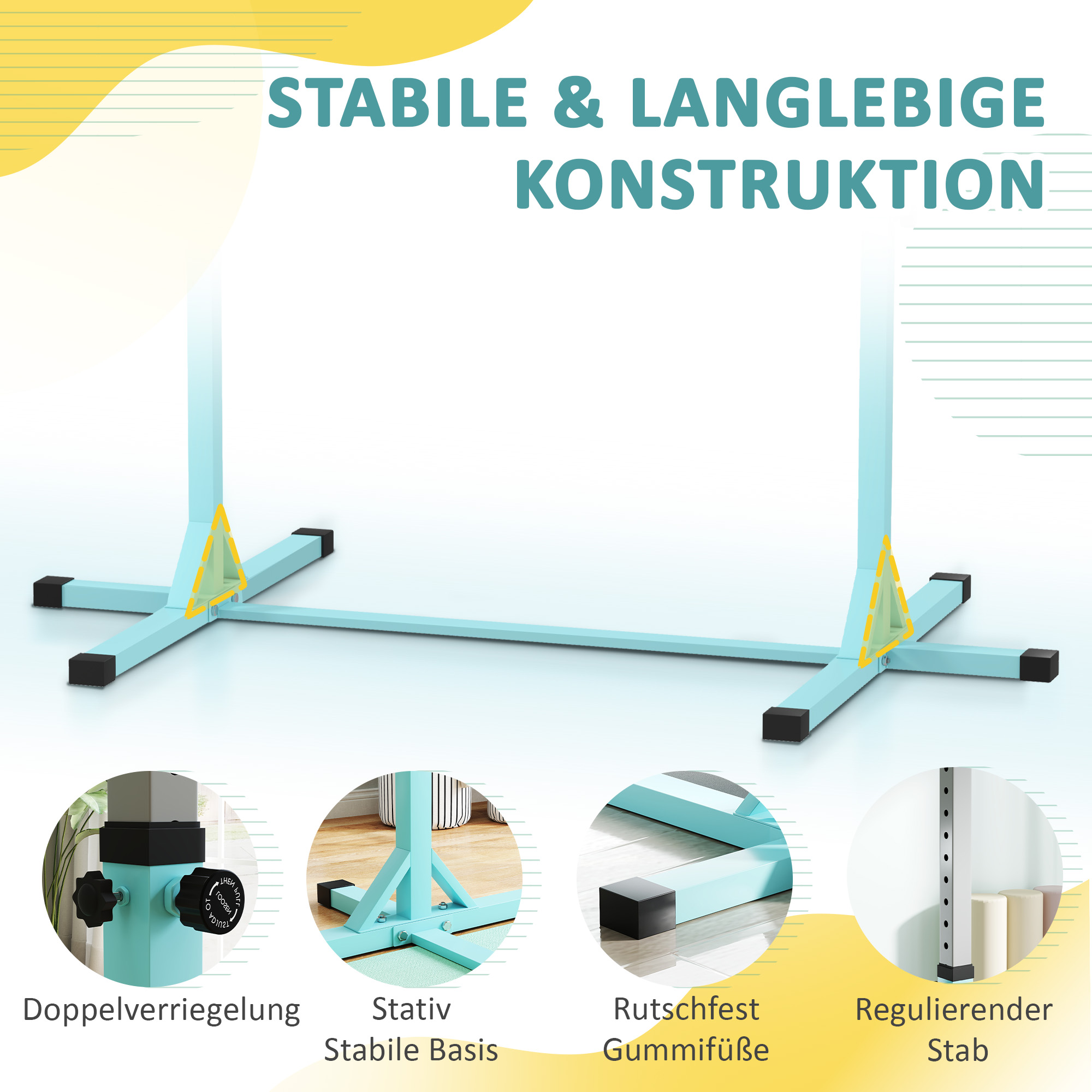 Gymnastik-Turnreck, Reckstange, 13-stufig höhenverstellbar, bis 75 kg belastbar, Stahl, Buchenholz, Hellblau