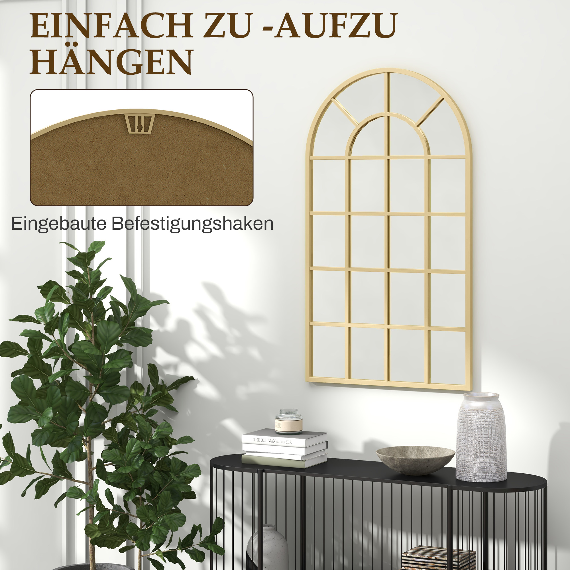 Wandspiegel, Fenster-Design, Flurspiegel, Metallrahmen, 110 x 65 cm, Gold