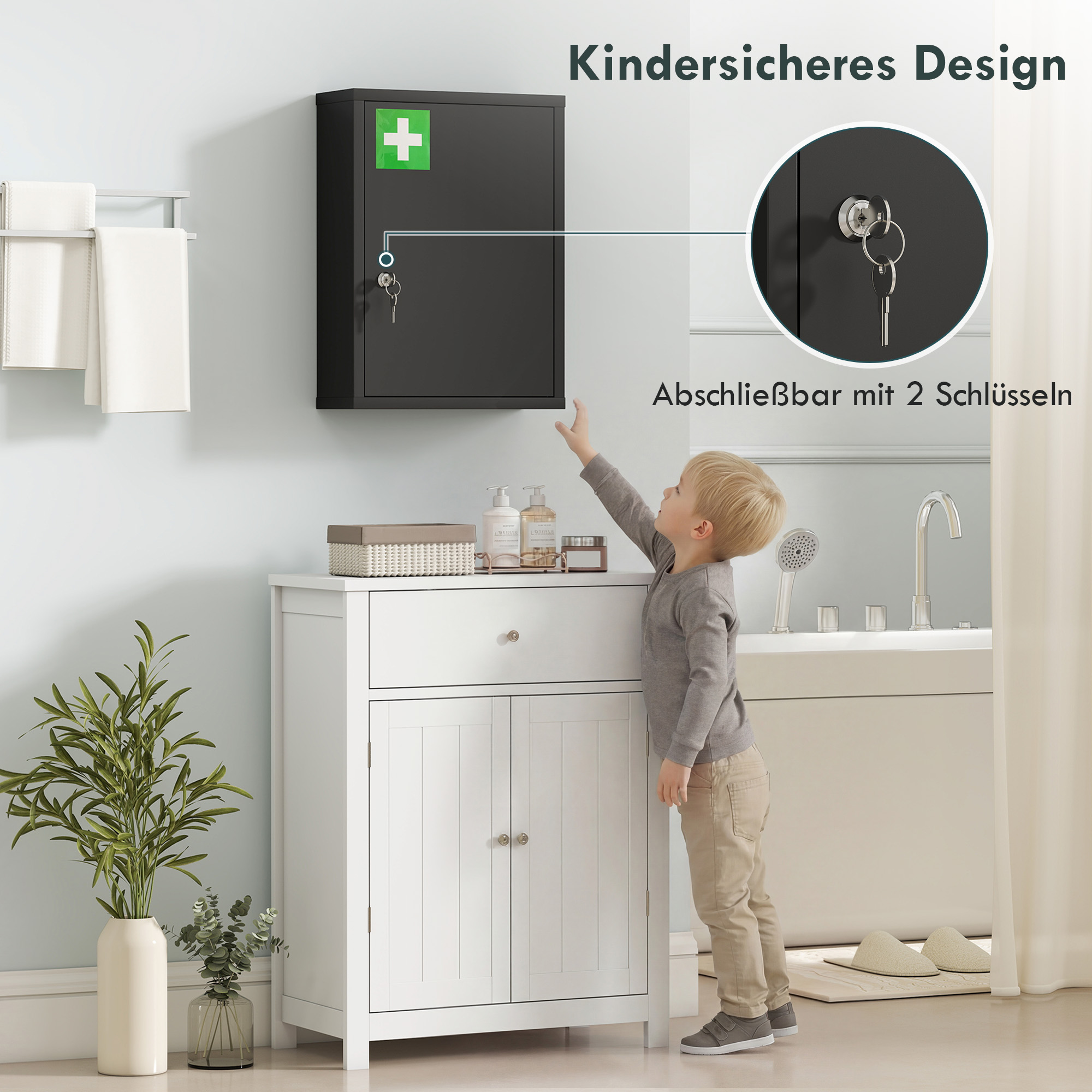 Medizinschrank zur Wandmontage mit Schloss, 3-stufiger Stahl-Wandschrank, 40 x 15 x 53,5 cm, Schwarz