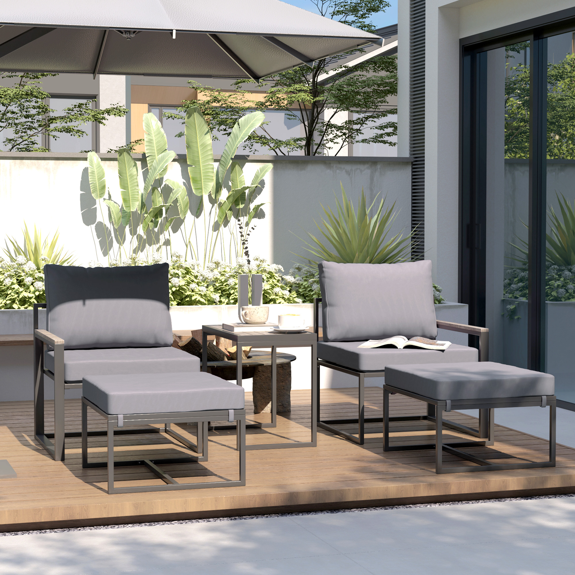 Stahl Gartenmöbel Set 2 Personen wetterfest Balkonmöbel-Set mit 2 Sessel Sitzkissen Beistelltisch Grau