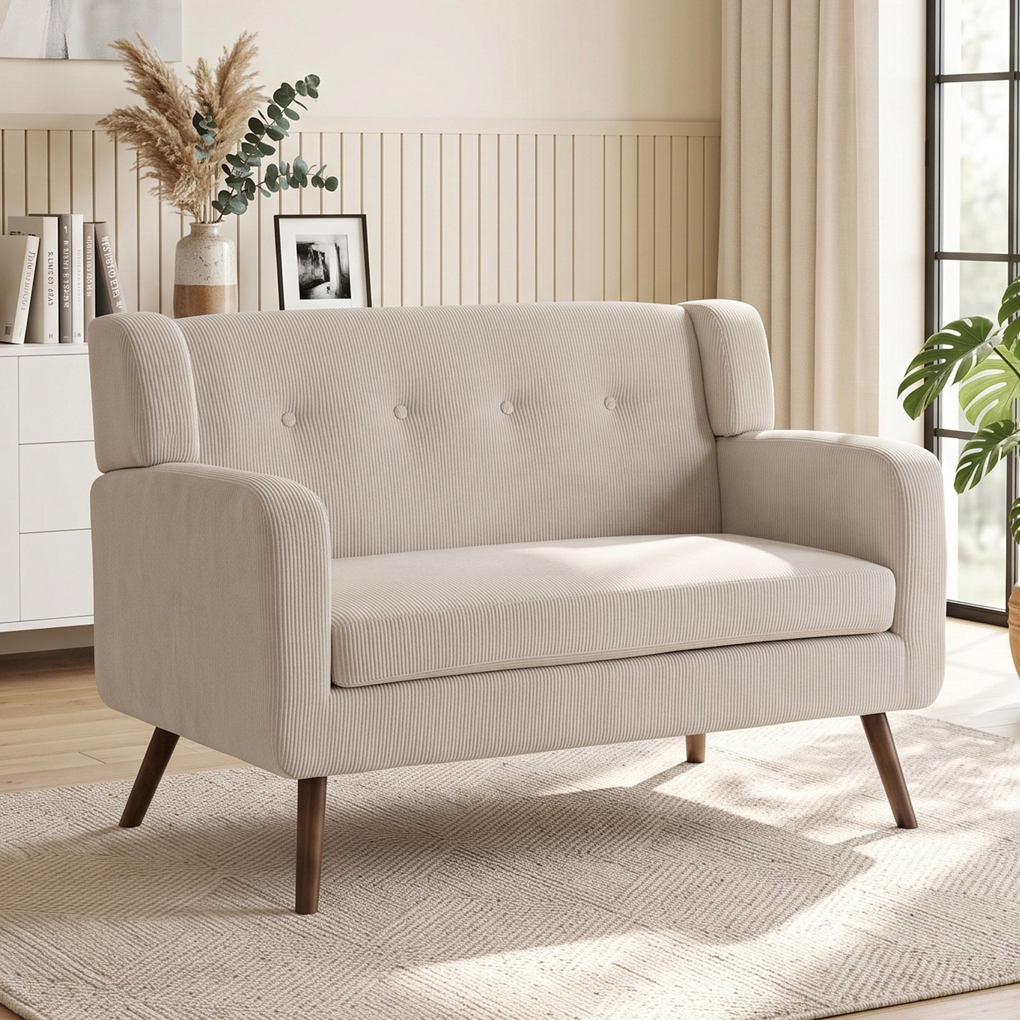 2 Sitzer 118 cm Couch mit Cord-Optik, Knopfheftung Bequeme Modernes Polstersofa mit Holzbeinen für kleine Räume