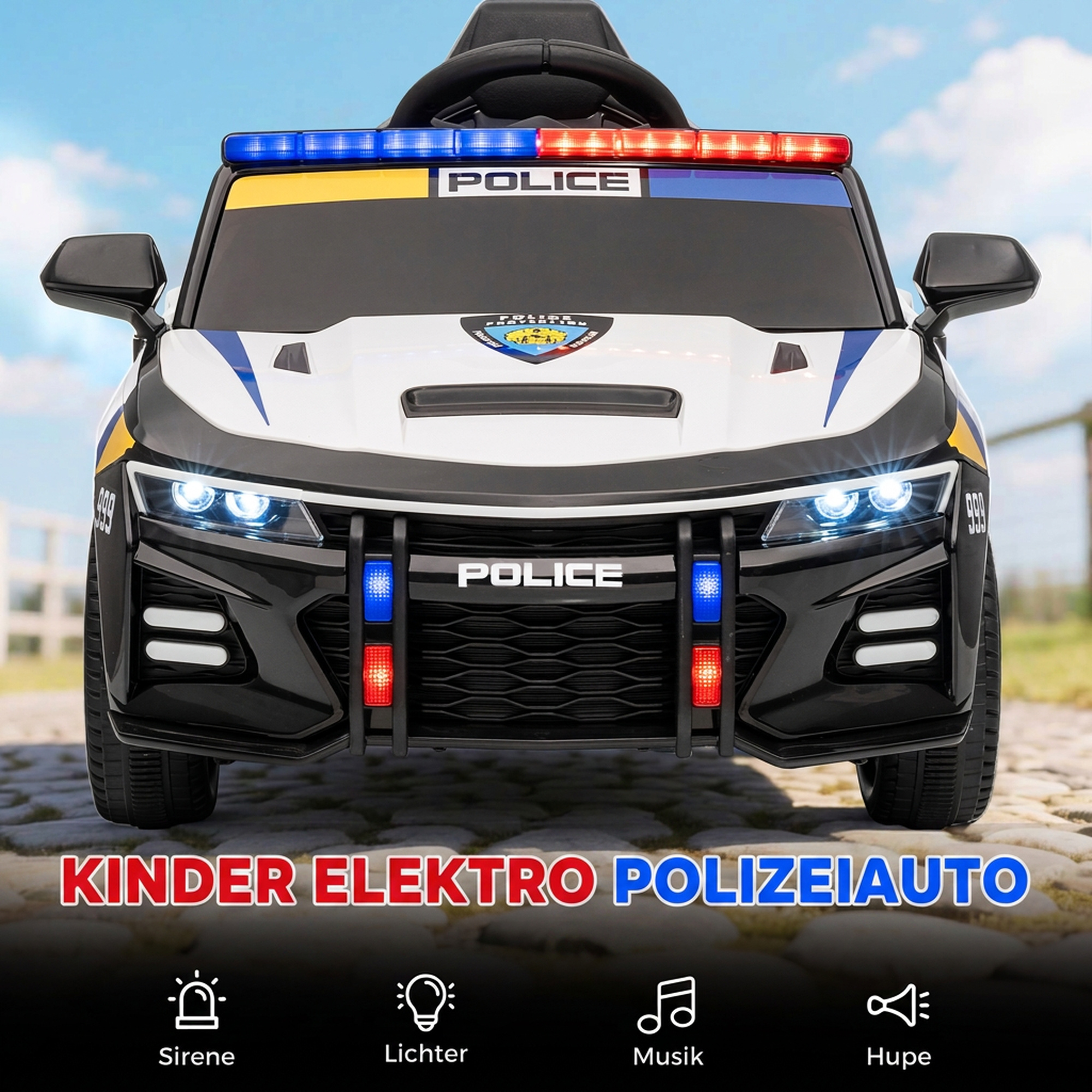 12V Kinder Elektroauto Polizei Polizeiauto mit Fernbedienung Sirene Warnlicht Musik & Hupe Doppelmotoren Federung Weiß