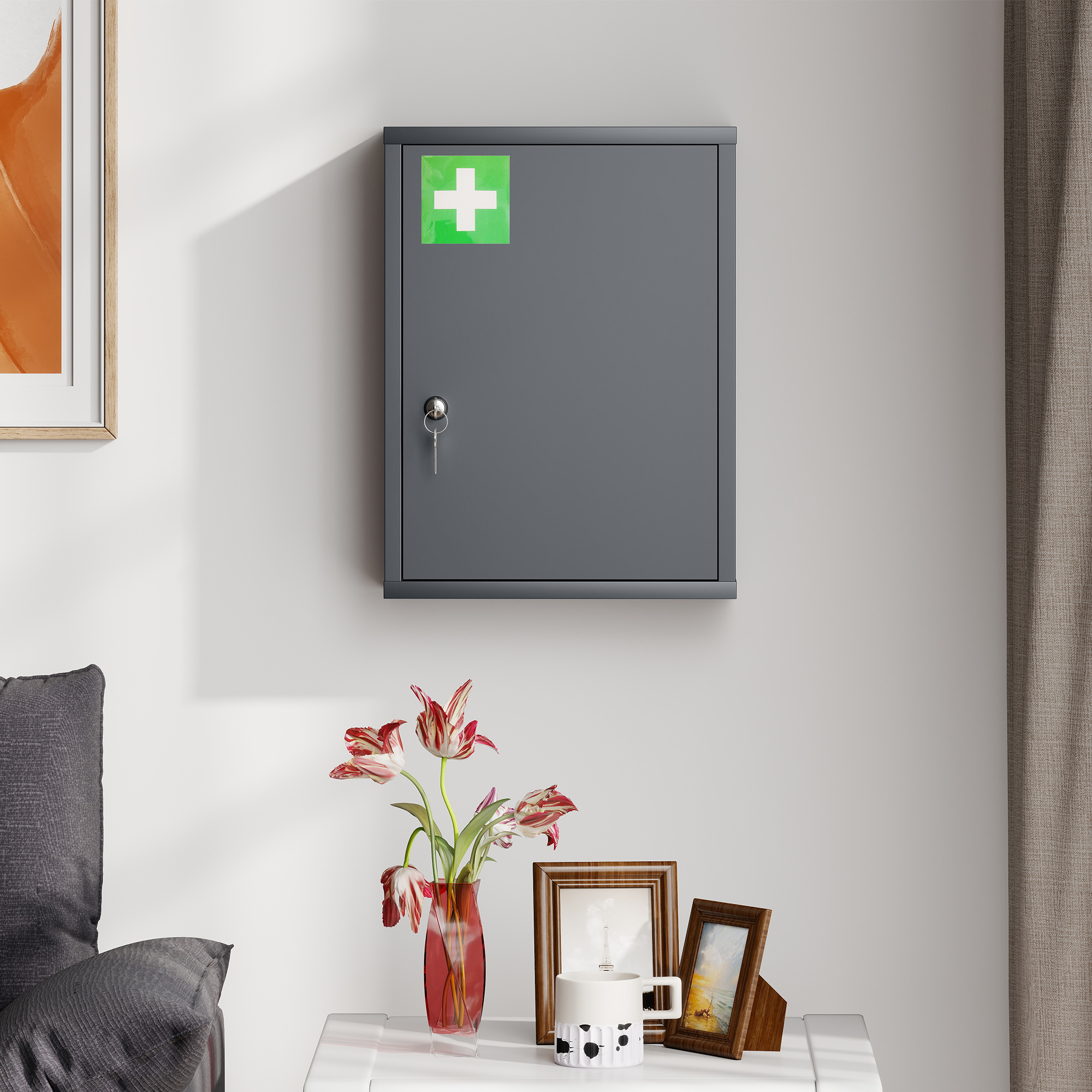 Medizinschrank zur Wandmontage mit Schloss, 3-stufiger Stahl-Wandschrank, 40 x 15 x 53,5 cm, Kohlegrau
