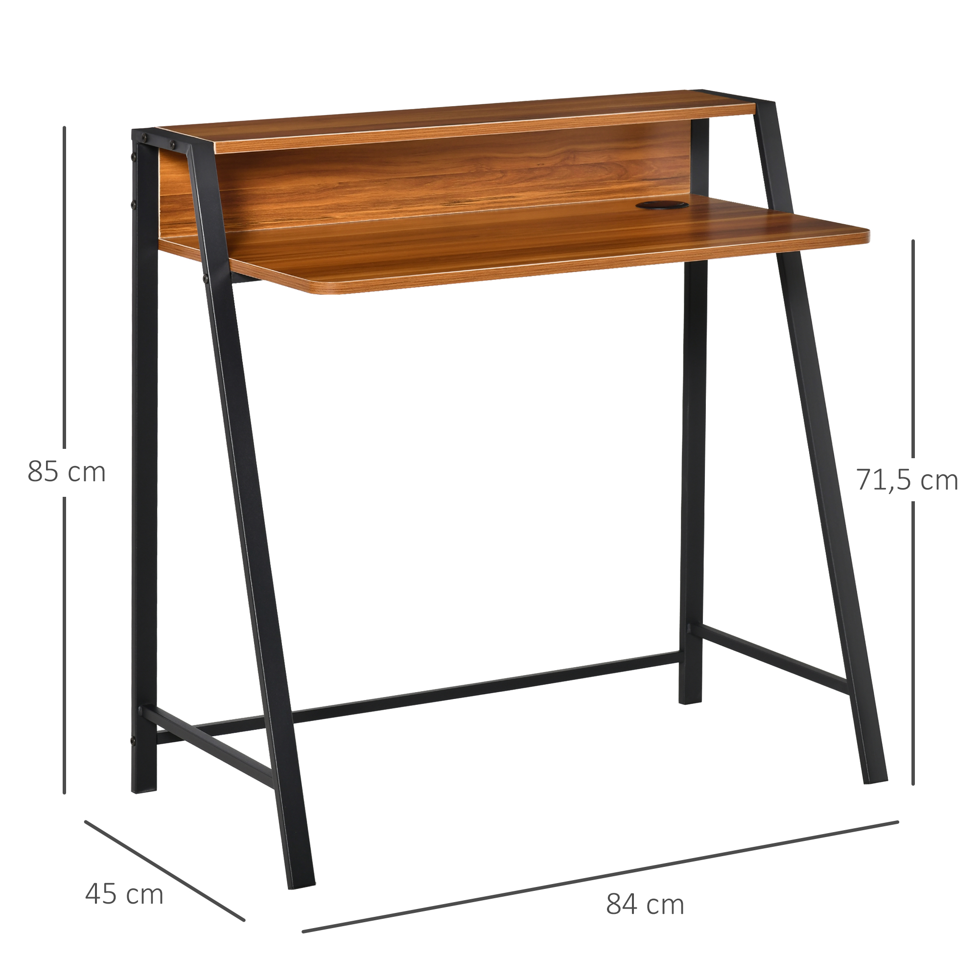Schreibtisch, Computertisch mit Ablage und Kabel Management, moderner Schreibtisch mit Metallgestell für Arbeitszimmer, Schlafzimmer, Home Office, 84 x 45 x 85 cm, Walnuss+Schwarz