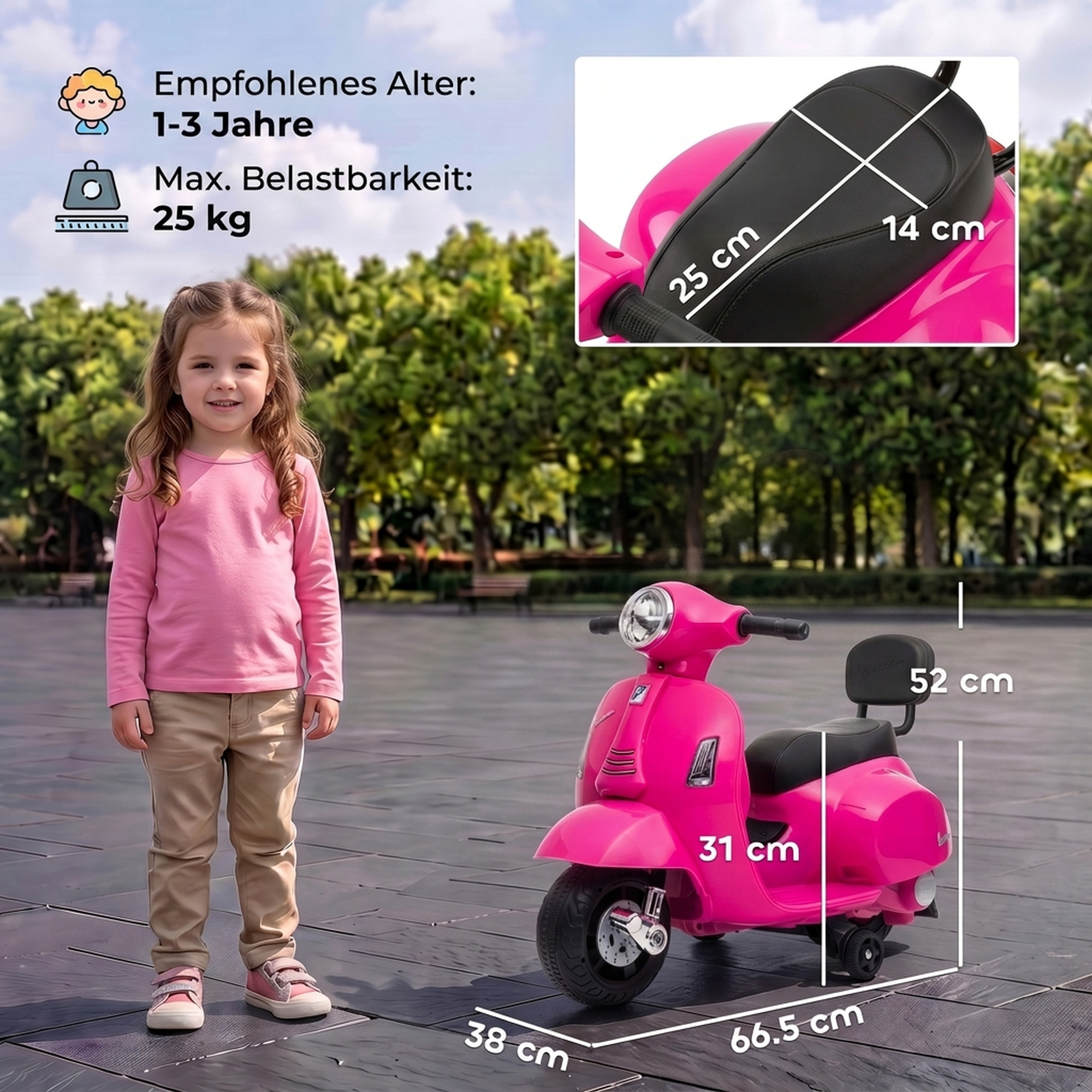 Elektro Motorrad Kinder Mini Vespa GTS 6V Elektromotorrad mit Lithium-Akku Ergonomischer Sitz Rückenlehne 1,5-3 Jahren